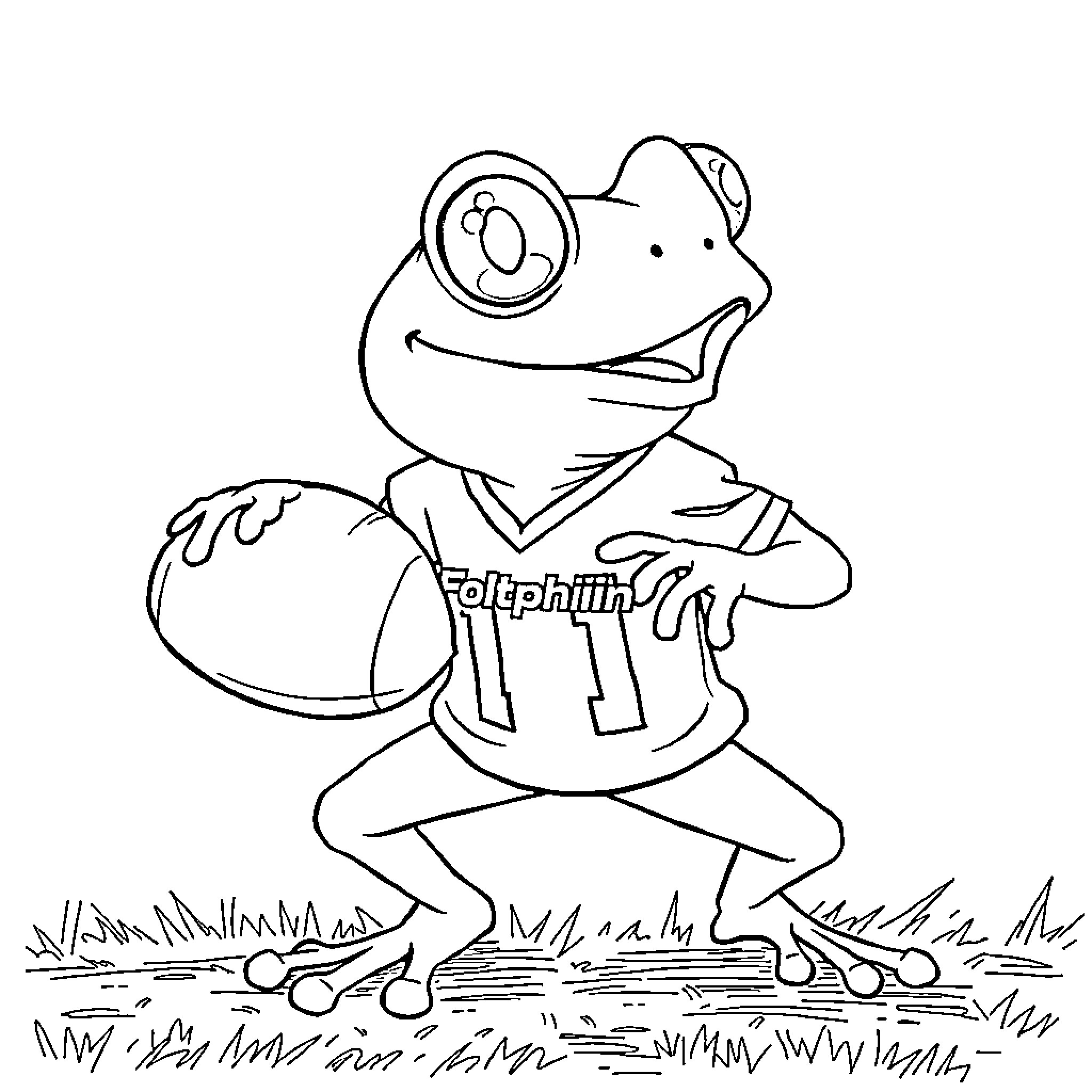 Tree Frog wearing football jersey and cleats Coloring Page (free black-and-white line drawing printable PDF for all, from beginners to advanced learners, including children, teens, adults, and seniors)