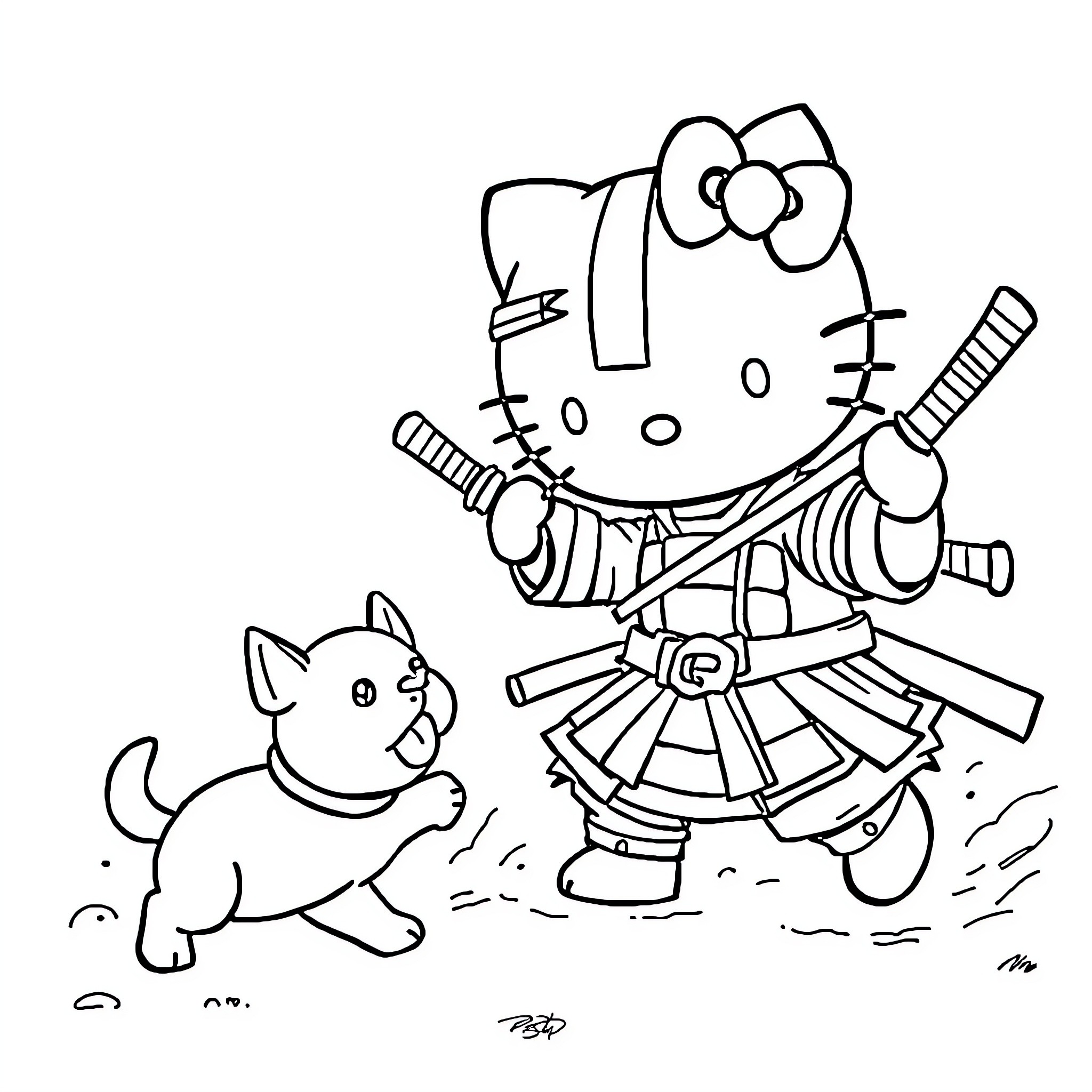 Hello Kitty plays with a puppy in samurai costume Coloring Page (free black-and-white line drawing printable PDF for all, from beginners to advanced learners, including children, teens, adults, and seniors)