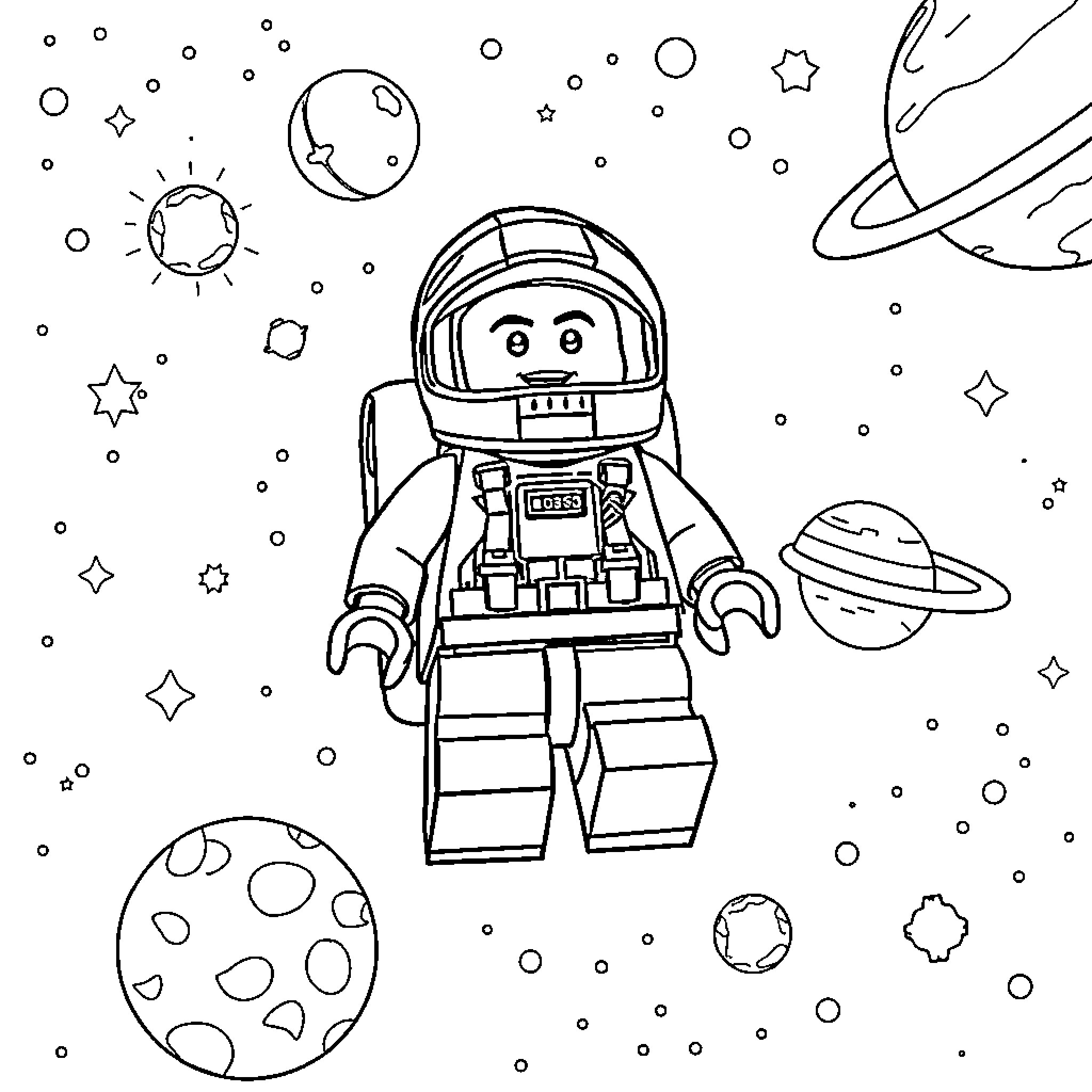 LEGO Minifigure exploring outer space Coloring Page (free black-and-white line drawing printable PDF for all, from beginners to advanced learners, including children, teens, adults, and seniors)