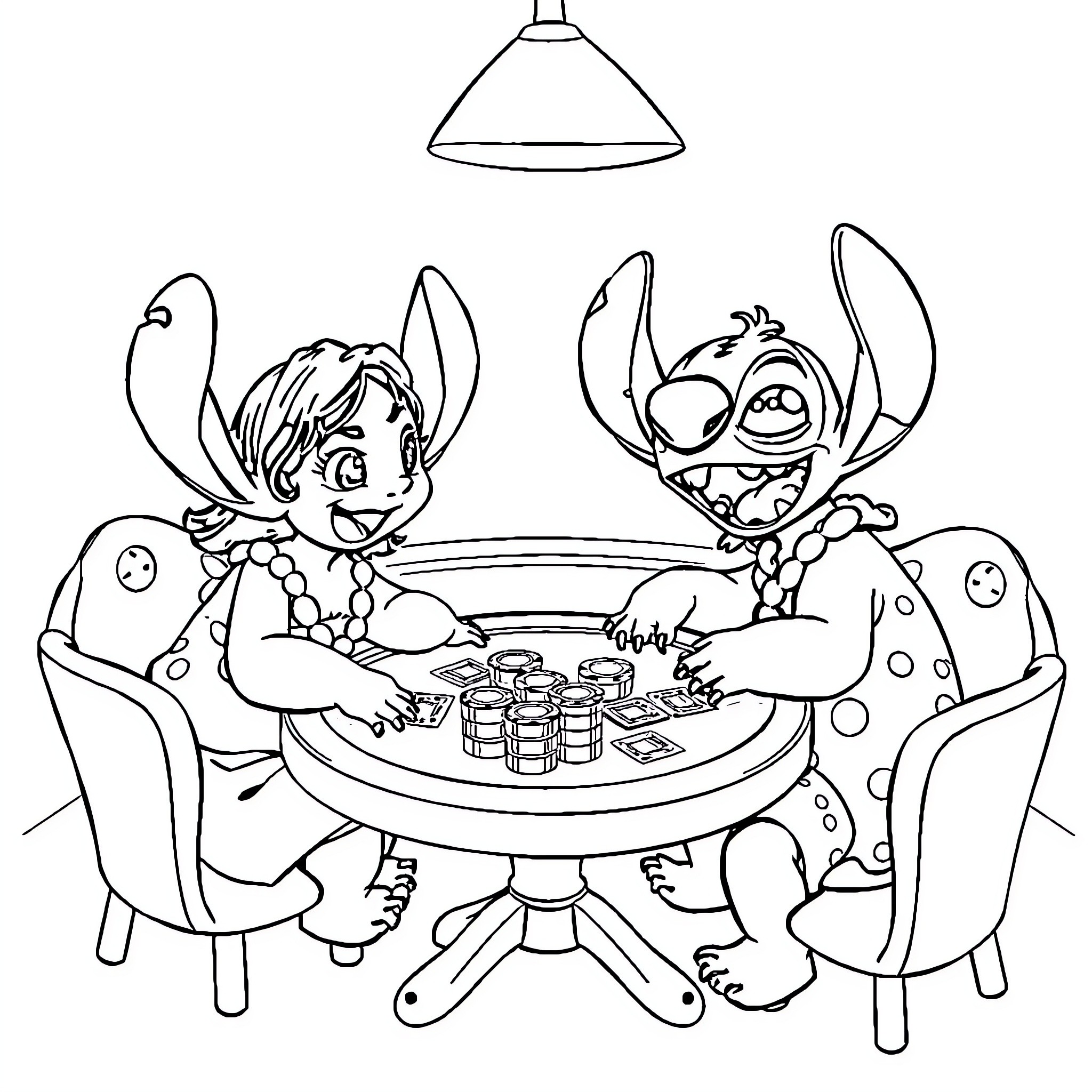 Lilo And Stitch Enjoying A Cozy Game Night Coloring Page (free black-and-white line drawing printable PDF for all, from beginners to advanced learners, including children, teens, adults, and seniors)