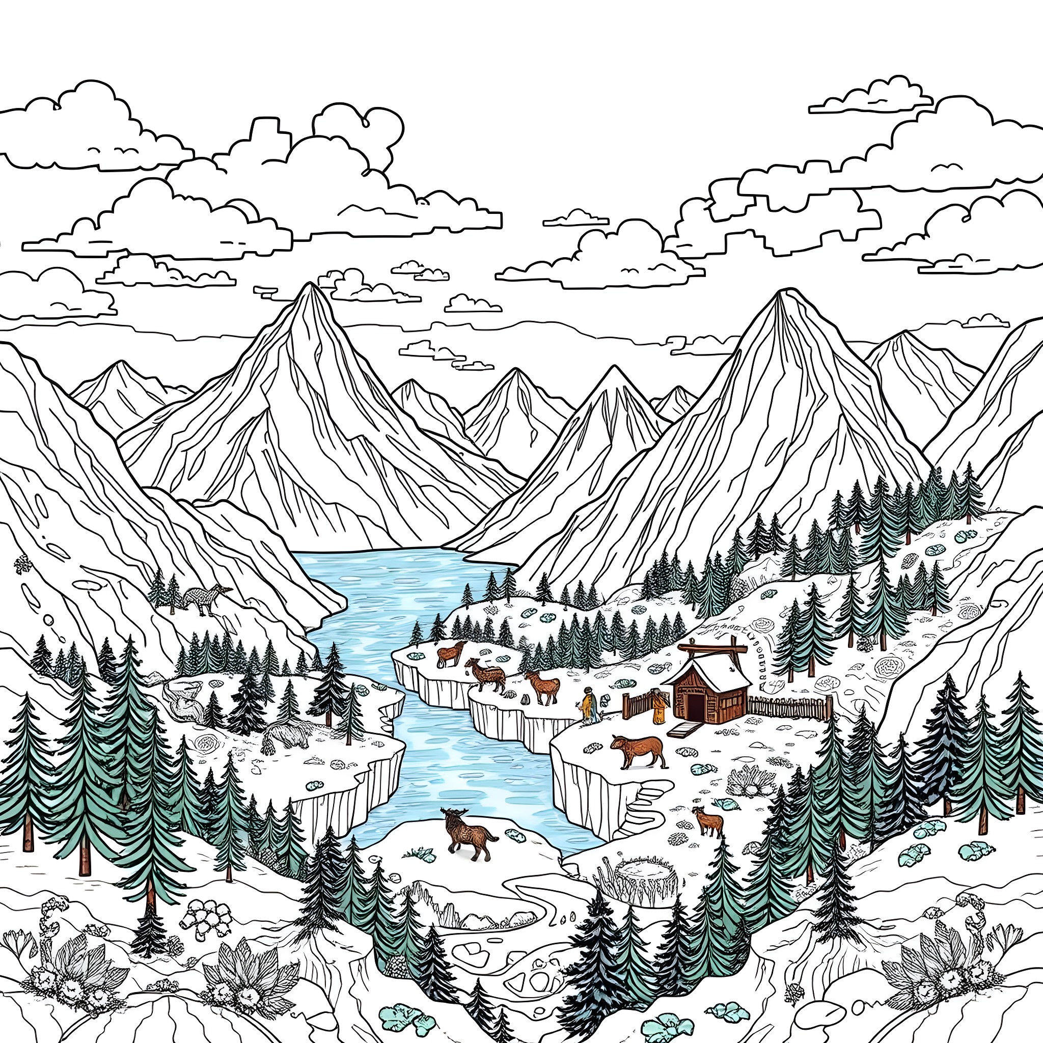 Minecraft landscape with mountains, forests, and wildlife Coloring Page (free black-and-white line drawing printable PDF for all, from beginners to advanced learners, including children, teens, adults, and seniors)