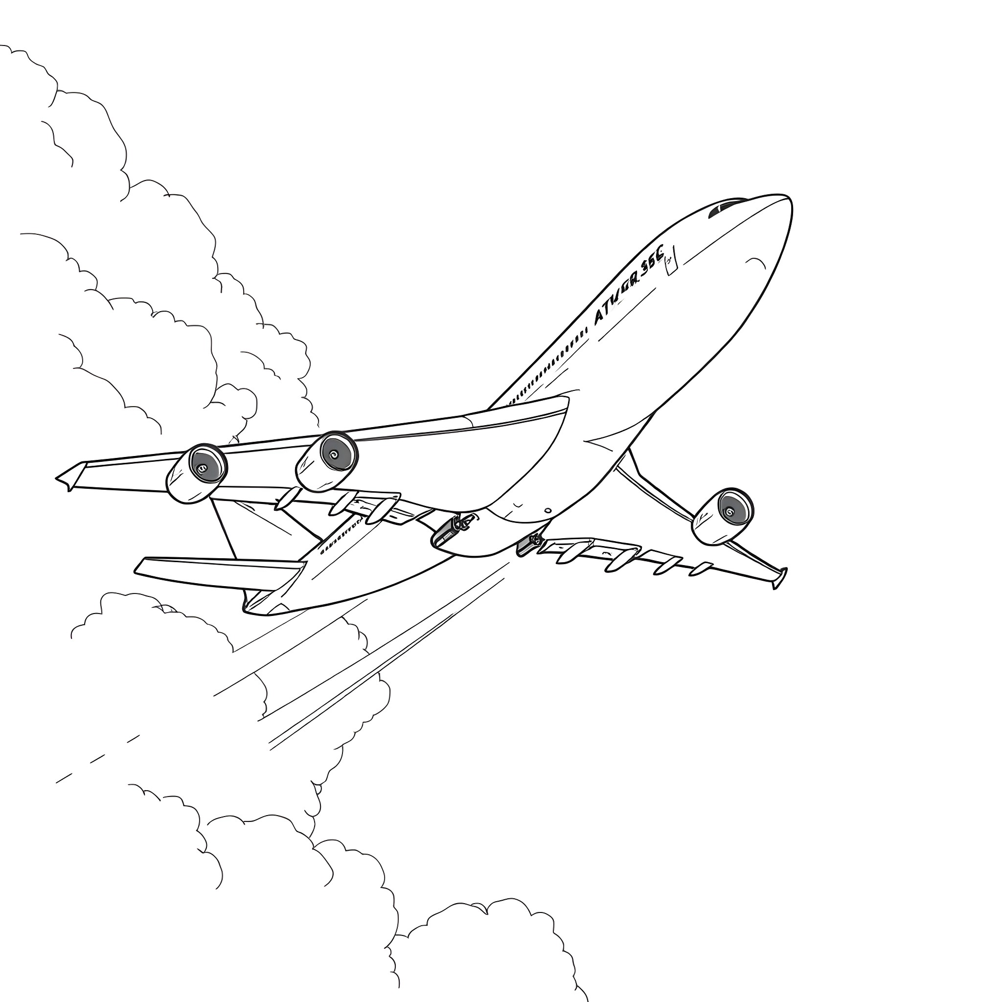 Airplane soaring through the cloudy skies Coloring Page (free black-and-white line drawing printable PDF for all, from beginners to advanced learners, including children, teens, adults, and seniors)