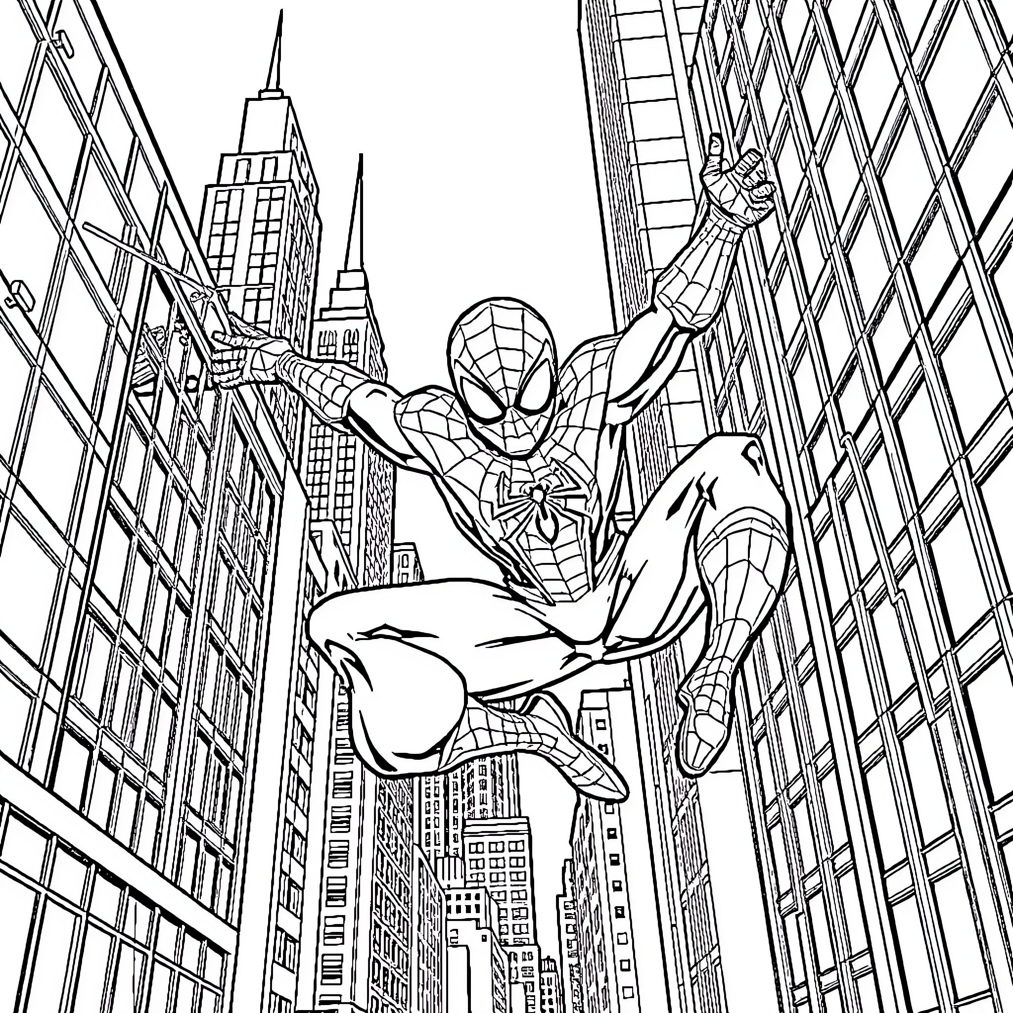 Spider-Man swinging through the city skyscrapers Coloring Page (free black-and-white line drawing printable PDF for all, from beginners to advanced learners, including children, teens, adults, and seniors)