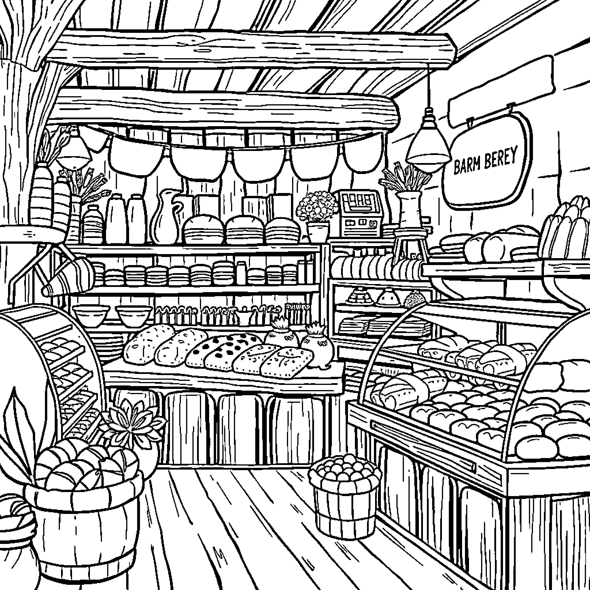 Bakery Display of Delicious Baked Goods Coloring Page (free black-and-white line drawing printable PDF for all, from beginners to advanced learners, including children, teens, adults, and seniors)