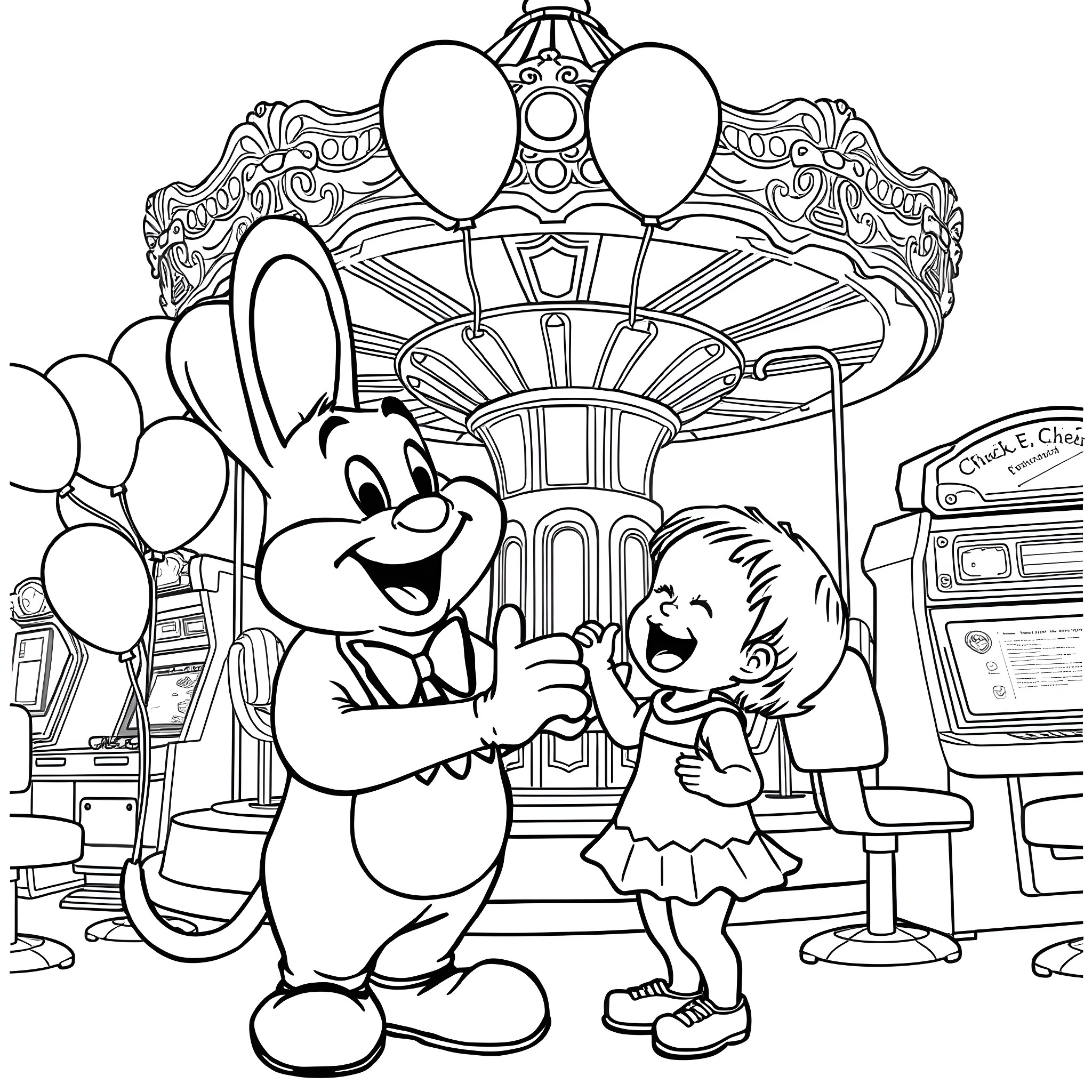 Chuck E. Cheese's Joyful Celebration with Balloons Coloring Page (free black-and-white line drawing printable PDF for all, from beginners to advanced learners, including children, teens, adults, and seniors)