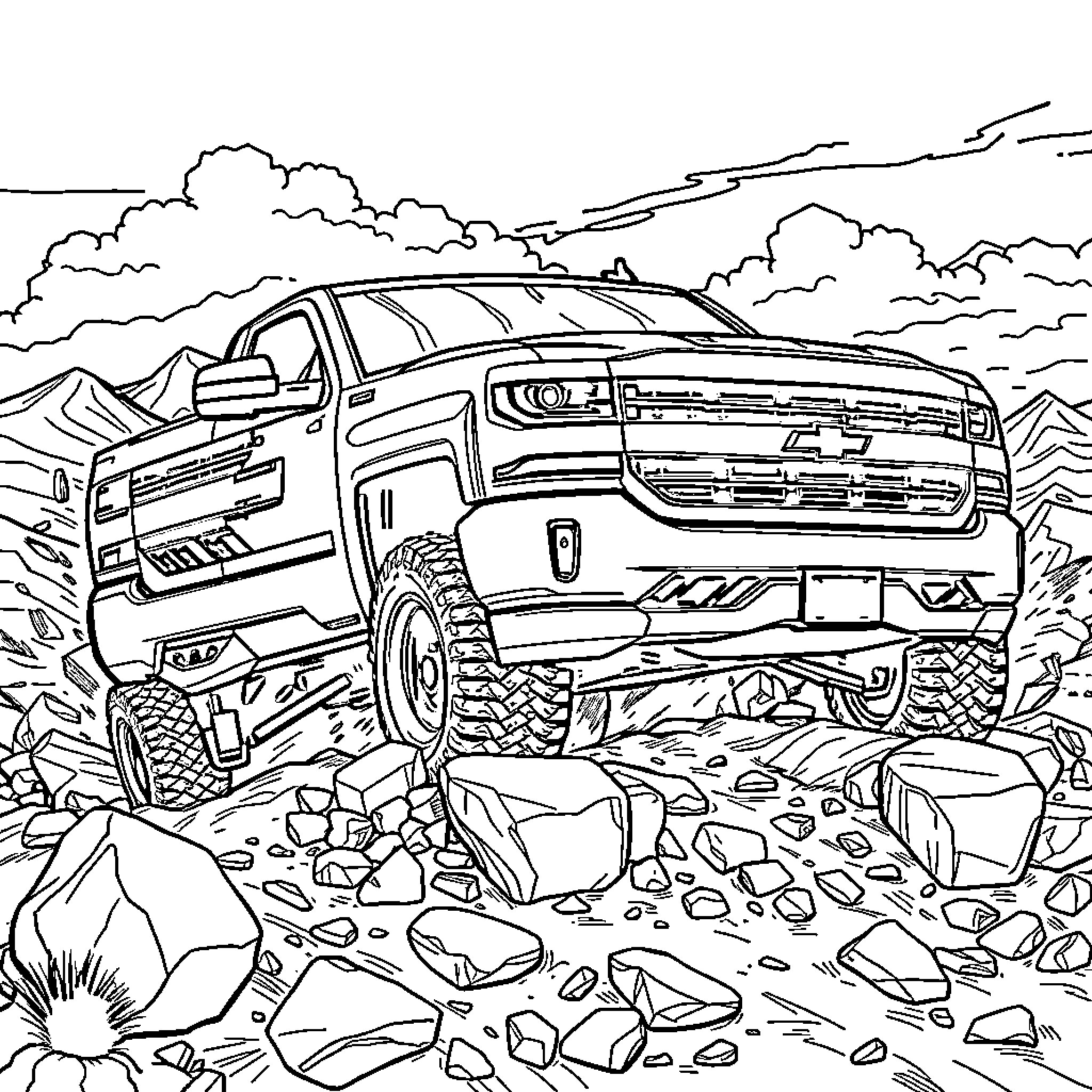 Chevrolet Silverado off-roading through rugged terrain Coloring Page (free black-and-white line drawing printable PDF for all, from beginners to advanced learners, including children, teens, adults, and seniors)