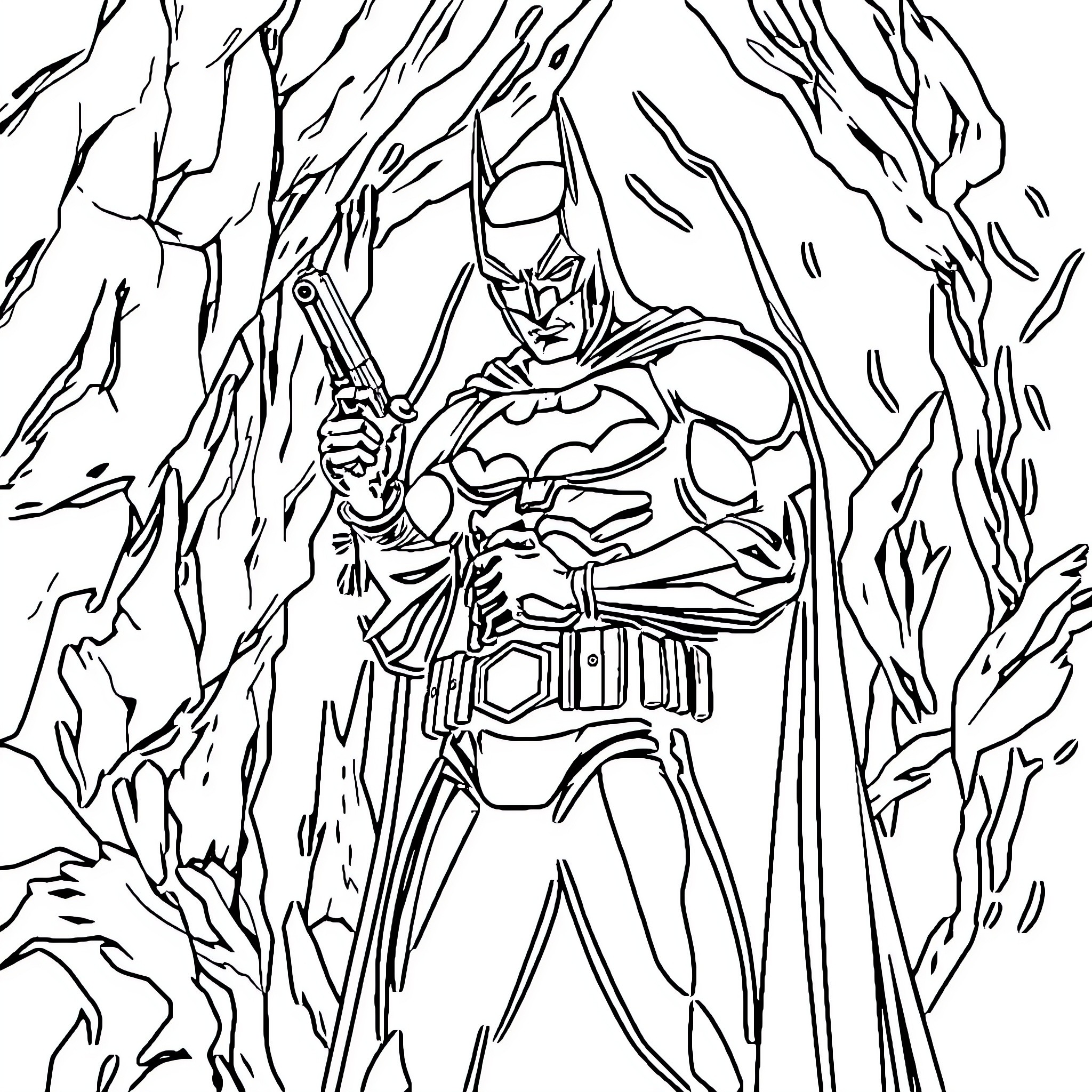 Batman Fighting Heroically in a Dangerous Cave Coloring Page (free black-and-white line drawing printable PDF for all, from beginners to advanced learners, including children, teens, adults, and seniors)