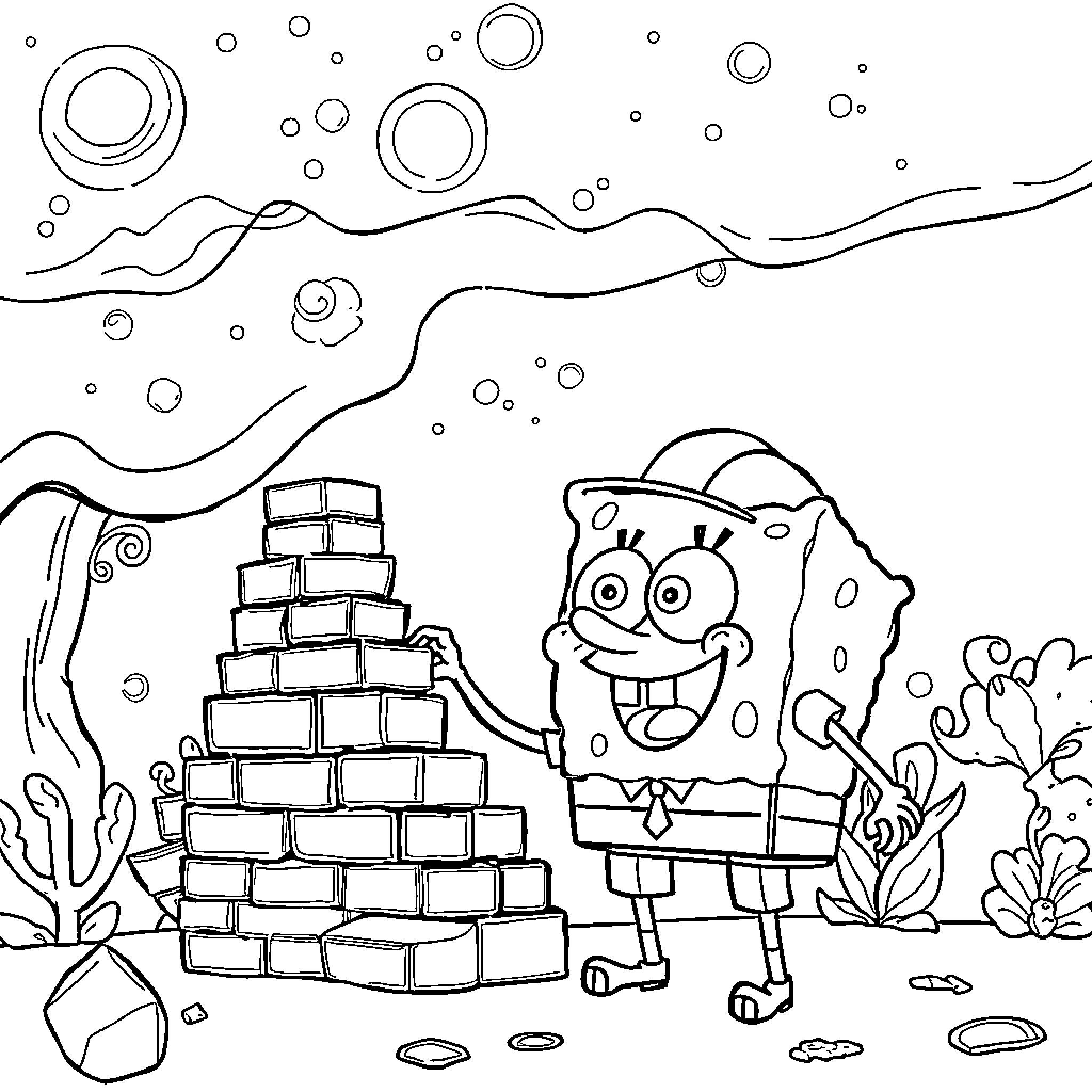 Spongebob building a sandcastle in the ocean Coloring Page (free black-and-white line drawing printable PDF for all, from beginners to advanced learners, including children, teens, adults, and seniors)
