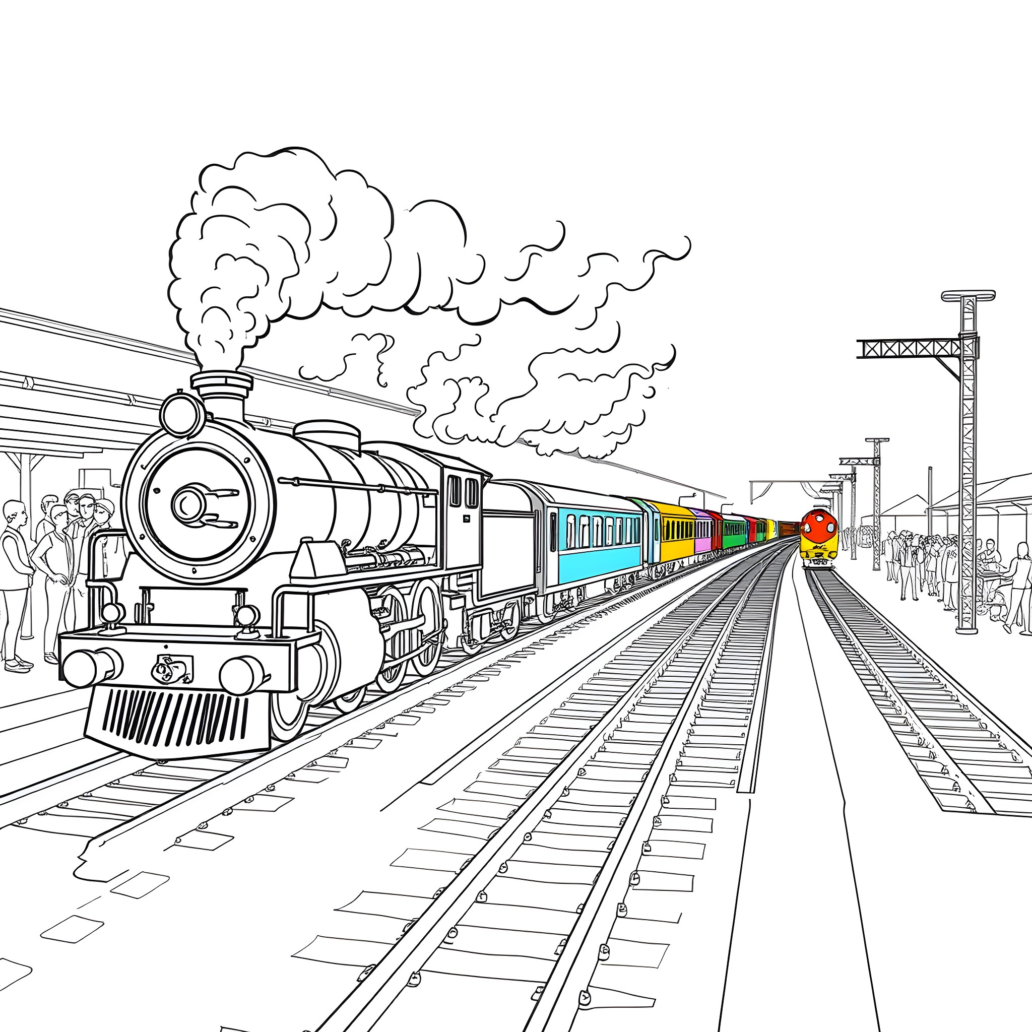 Train arriving at the bustling railway station Coloring Page (free black-and-white line drawing printable PDF for all, from beginners to advanced learners, including children, teens, adults, and seniors)