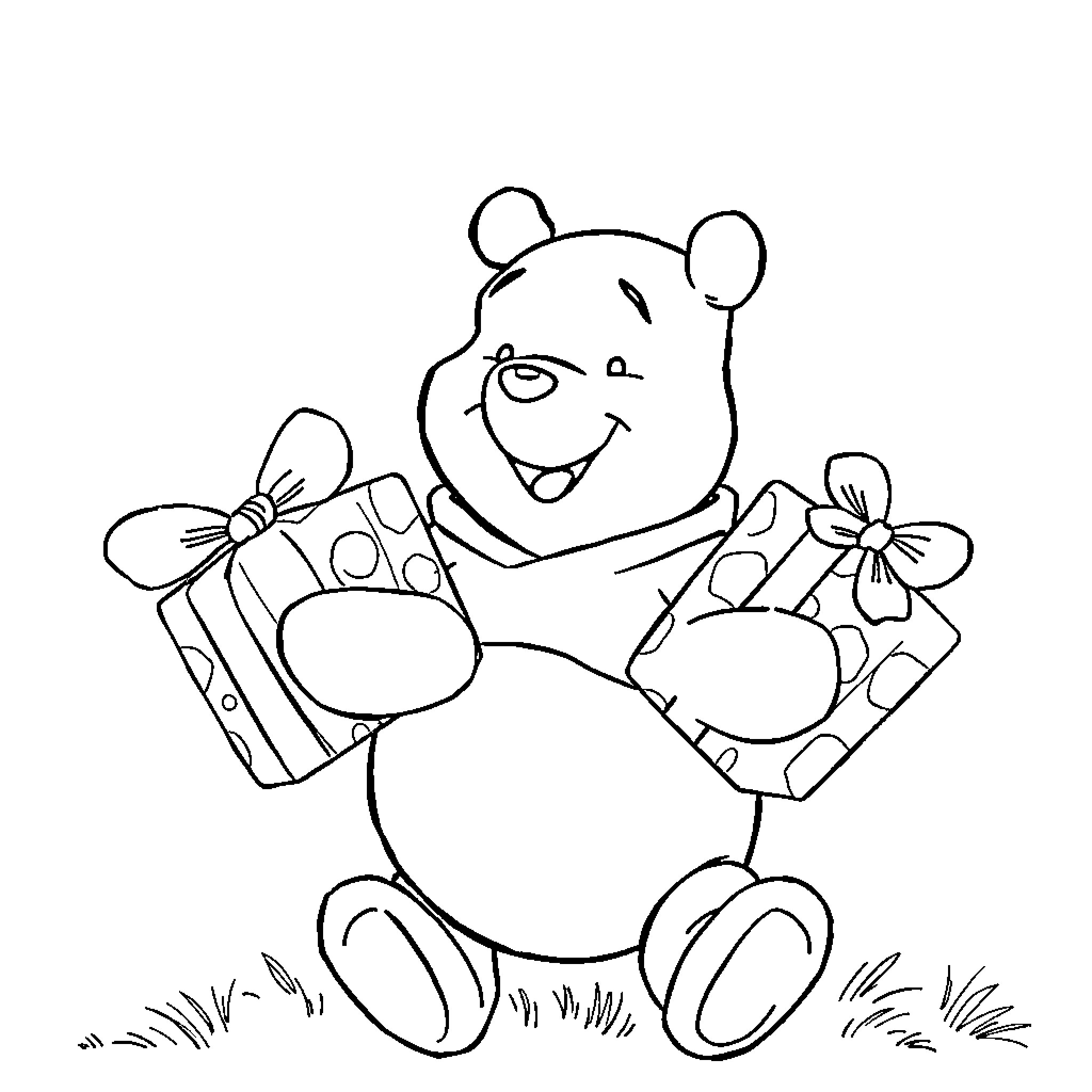 Winnie The Pooh Receiving Gifts in the Meadow Coloring Page (free black-and-white line drawing printable PDF for all, from beginners to advanced learners, including children, teens, adults, and seniors)