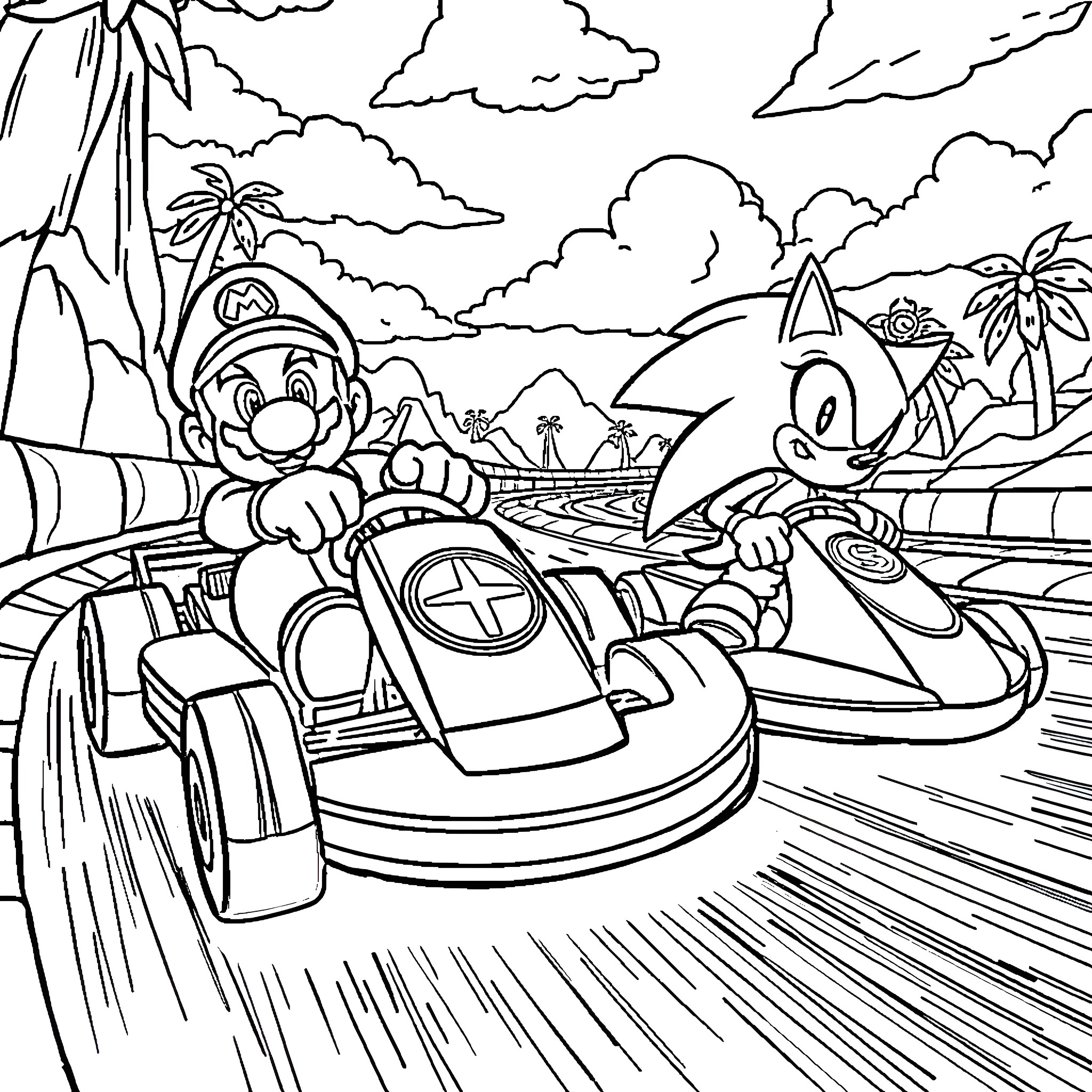 Sonic and Friends Enjoy a Thrilling Ride Coloring Page (free black-and-white line drawing printable PDF for all, from beginners to advanced learners, including children, teens, adults, and seniors)