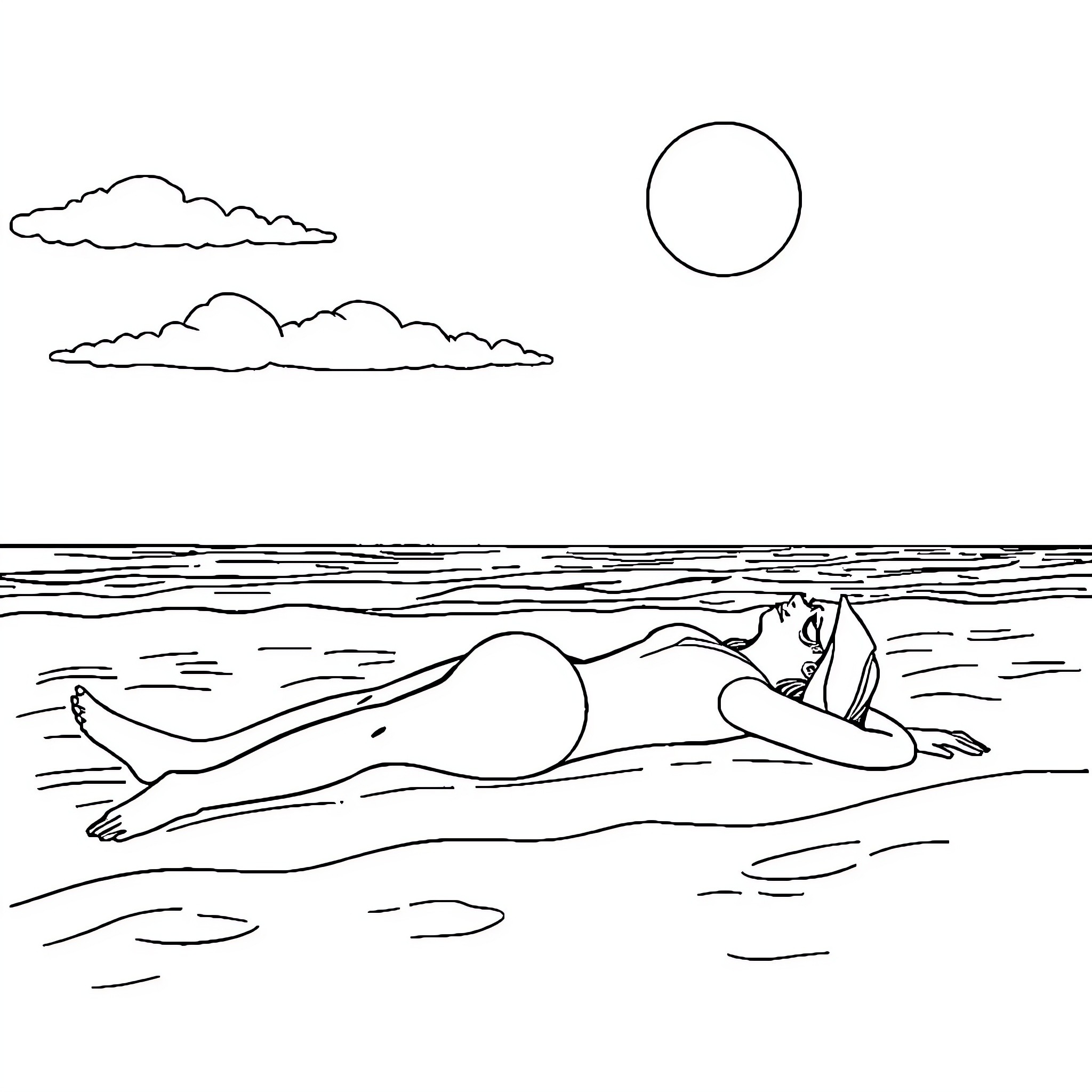 Beach scene with person relaxing on sand Coloring Page (free black-and-white line drawing printable PDF for all, from beginners to advanced learners, including children, teens, adults, and seniors)
