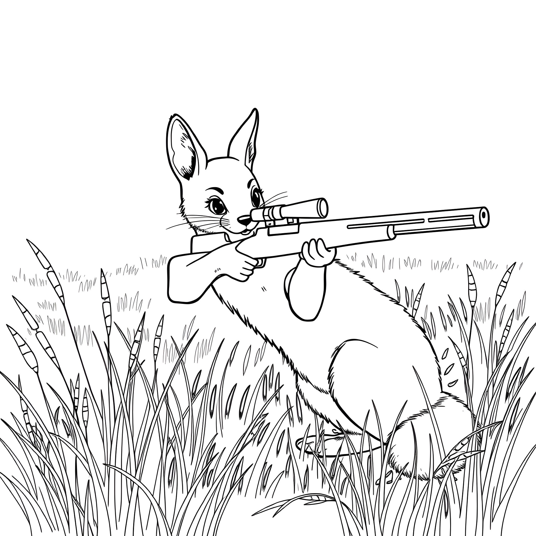 Weasel hunting with rifle in the wild grass Coloring Page (free black-and-white line drawing printable PDF for all, from beginners to advanced learners, including children, teens, adults, and seniors)