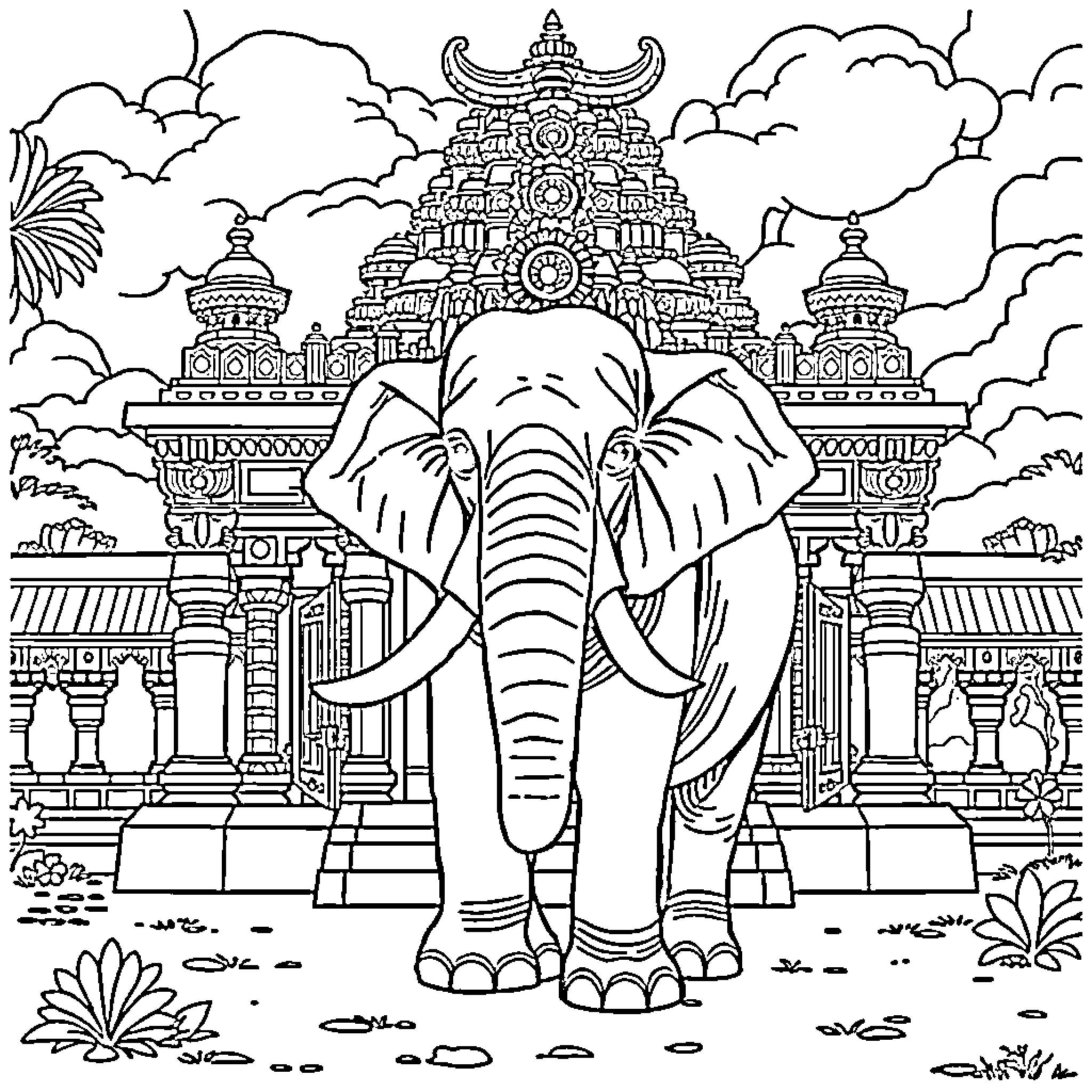 Elephant standing in front of ornate temple Coloring Page (free black-and-white line drawing printable PDF for all, from beginners to advanced learners, including children, teens, adults, and seniors)