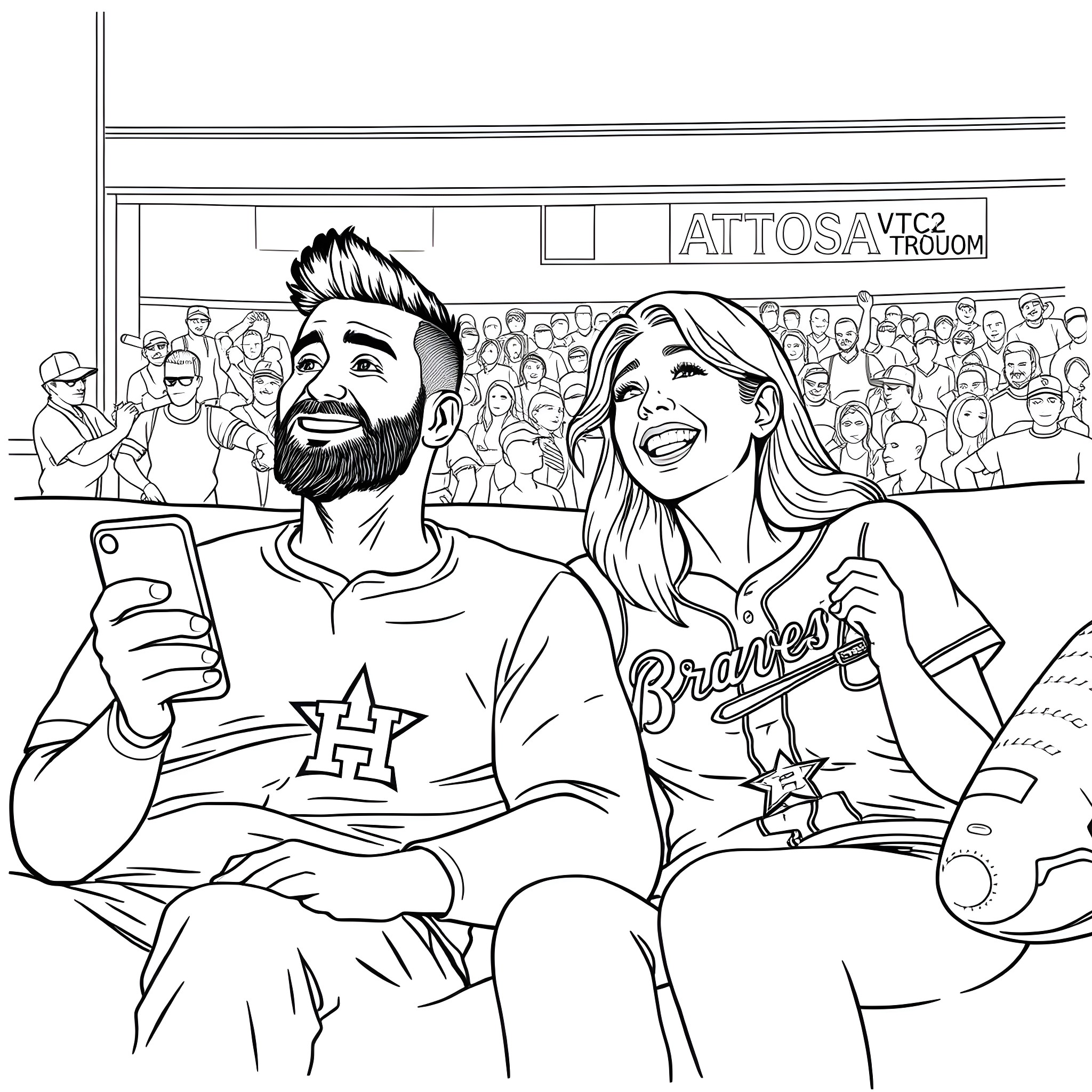 Husband and wife taking a selfie at a baseball game Coloring Page (free black-and-white line drawing printable PDF for all, from beginners to advanced learners, including children, teens, adults, and seniors)