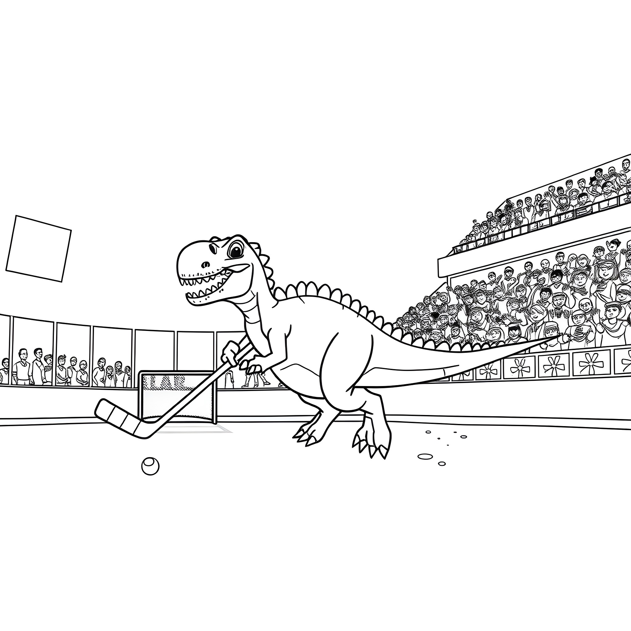 Dinosaur playing hockey in stadium with audience Coloring Page (free black-and-white line drawing printable PDF for all, from beginners to advanced learners, including children, teens, adults, and seniors)
