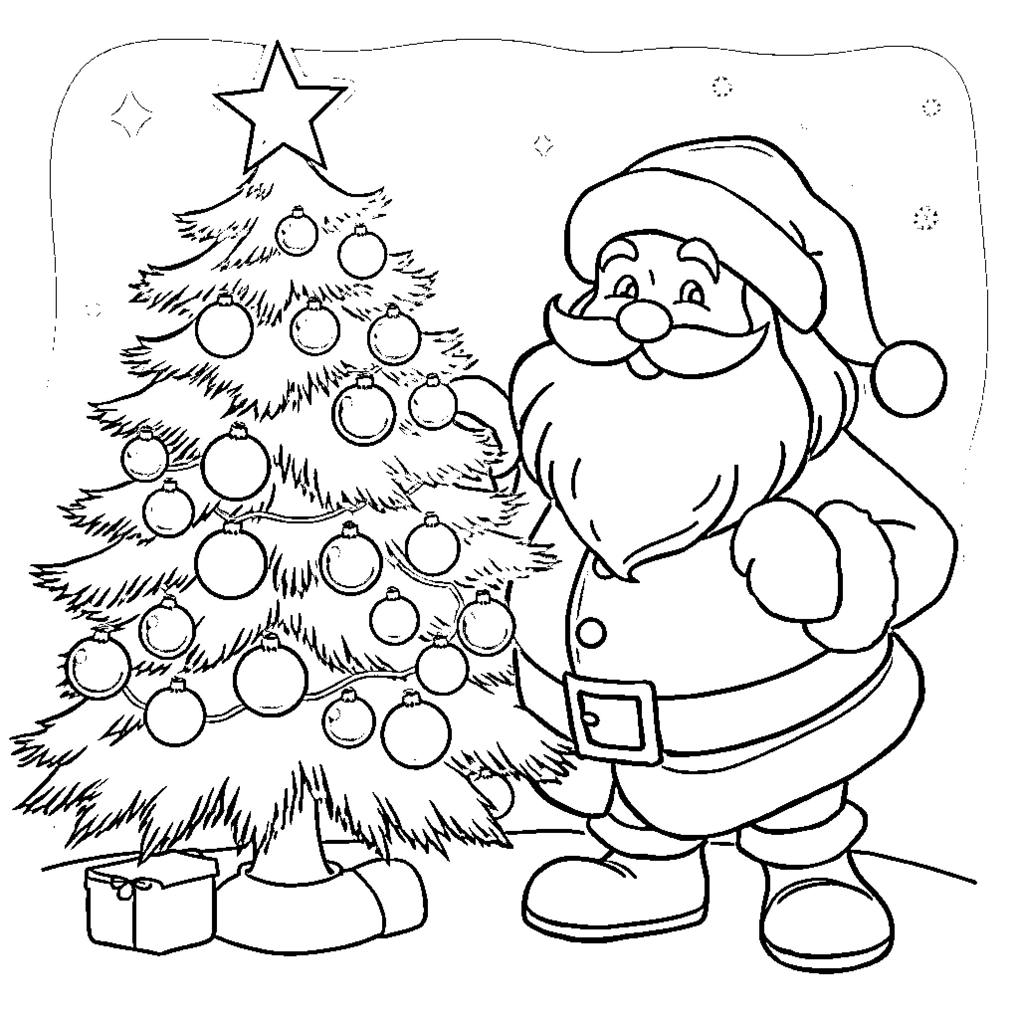 Santa Claus decorating a Christmas tree Coloring Page (free black-and-white line drawing printable PDF for all, from beginners to advanced learners, including children, teens, adults, and seniors)