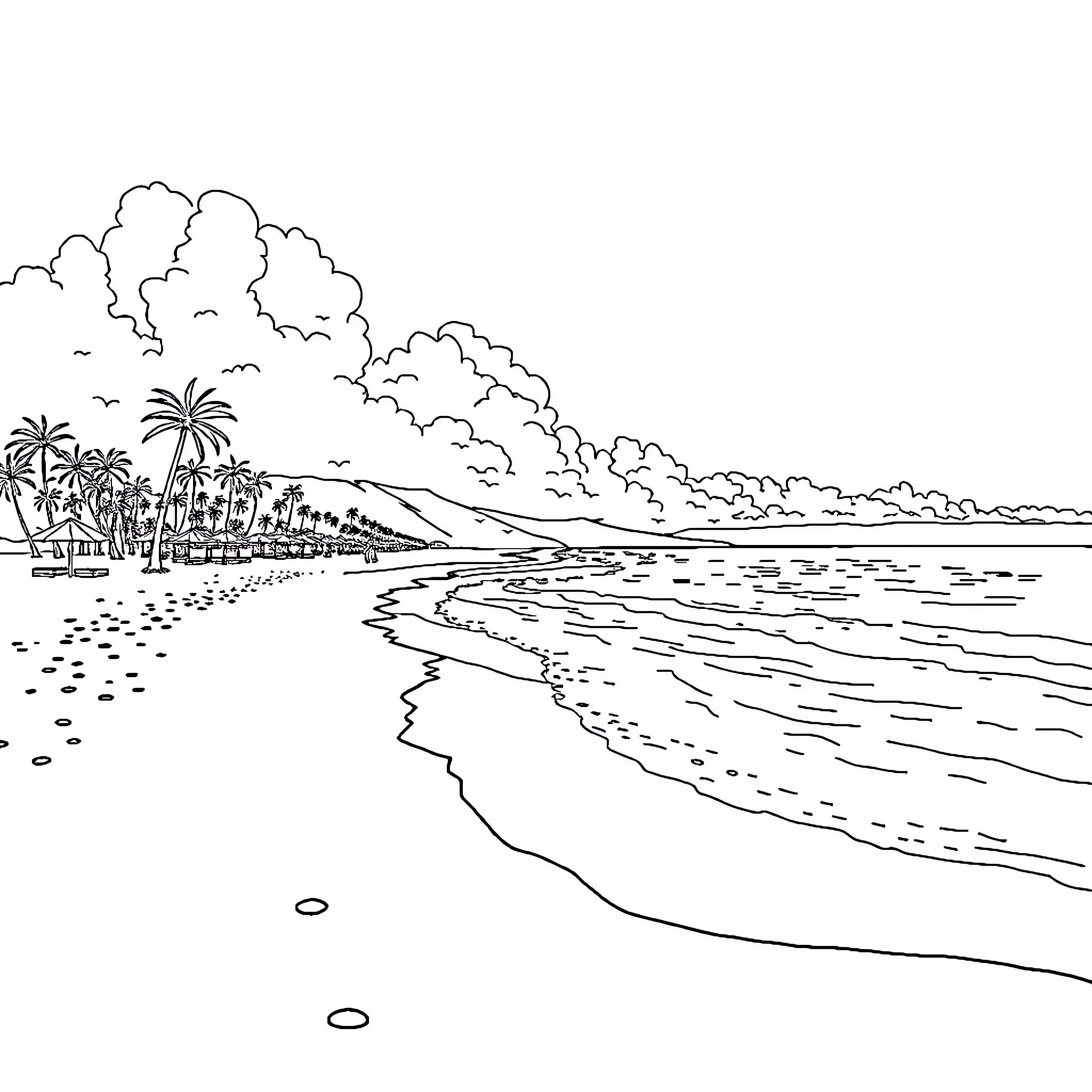 Hawaii beach scene with palm trees and clouds Coloring Page (free black-and-white line drawing printable PDF for all, from beginners to advanced learners, including children, teens, adults, and seniors)