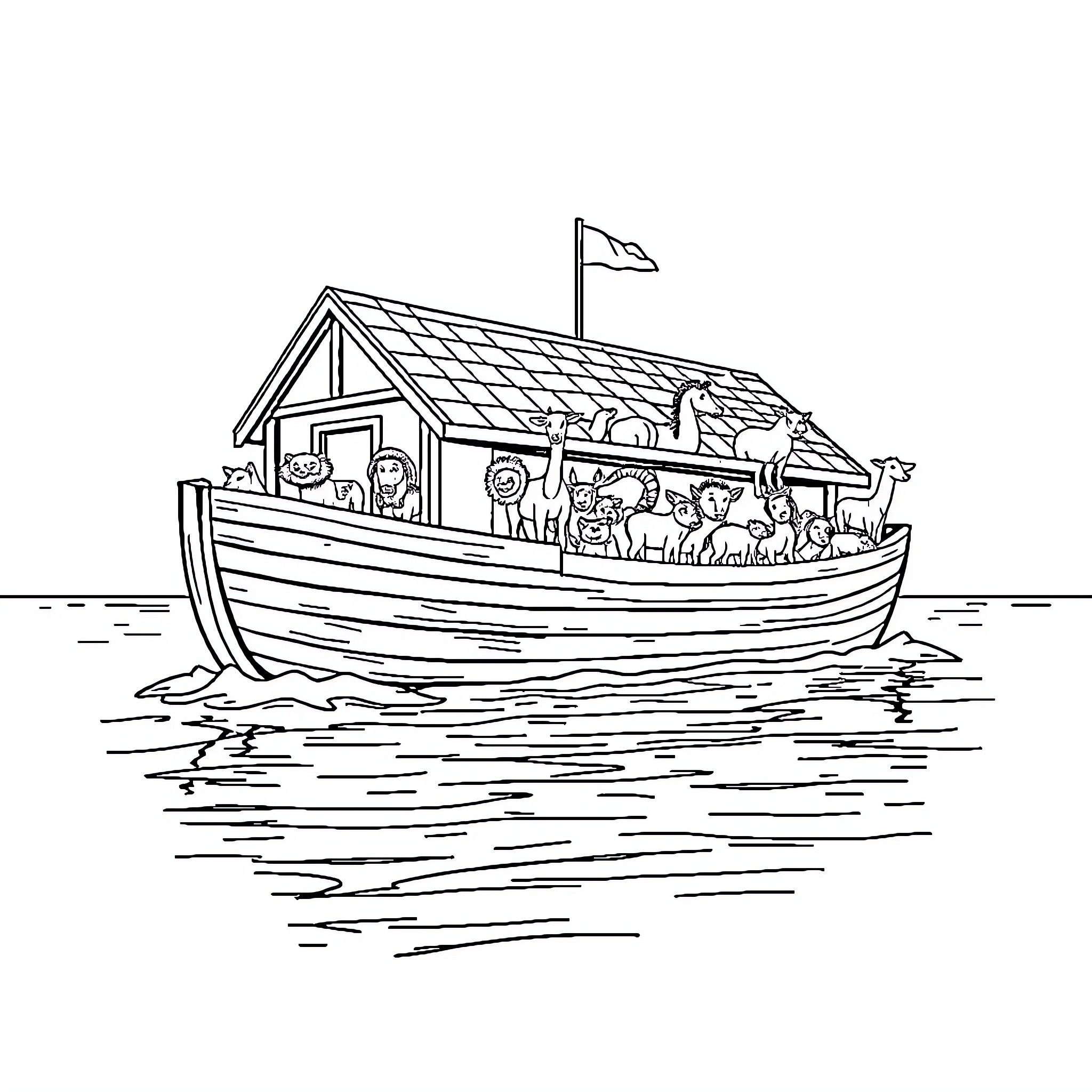 Noah's Ark with Animals on the Open Sea Coloring Page (free black-and-white line drawing printable PDF for all, from beginners to advanced learners, including children, teens, adults, and seniors)