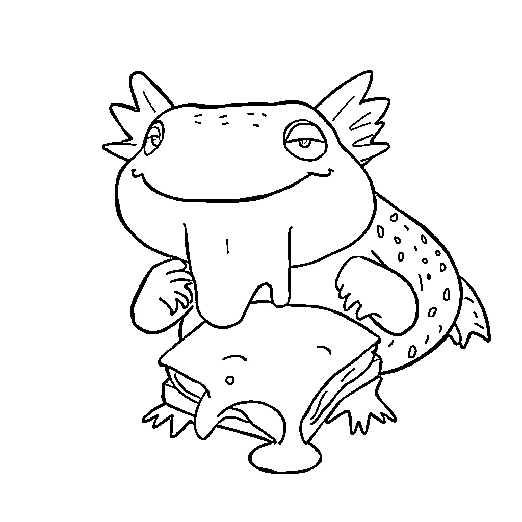 Axolotl playing and smiling Coloring Page (free black-and-white line drawing printable PDF for all, from beginners to advanced learners, including children, teens, adults, and seniors)
