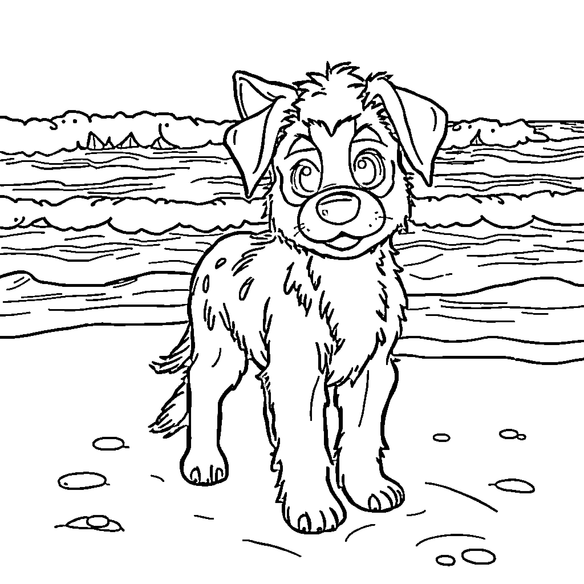 Blueye Puppy Enjoying the Beach Coloring Page (free black-and-white line drawing printable PDF for all, from beginners to advanced learners, including children, teens, adults, and seniors)