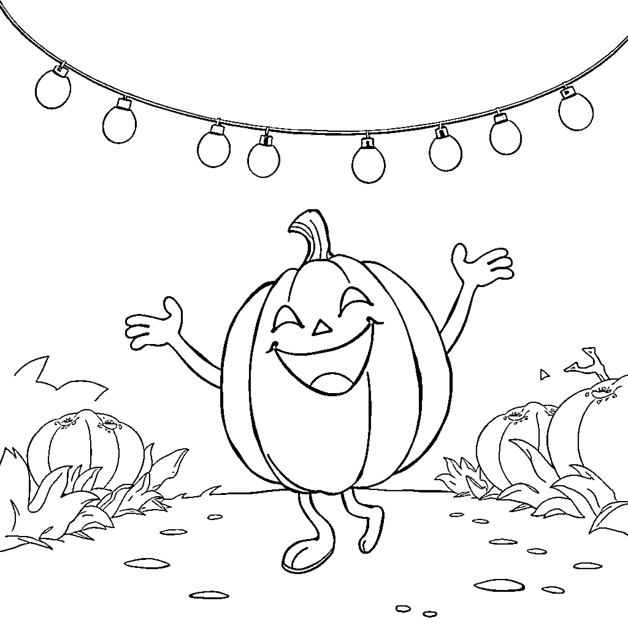 Pumpkin character joyfully celebrating in festive scene Coloring Page (free black-and-white line drawing printable PDF for all, from beginners to advanced learners, including children, teens, adults, and seniors)