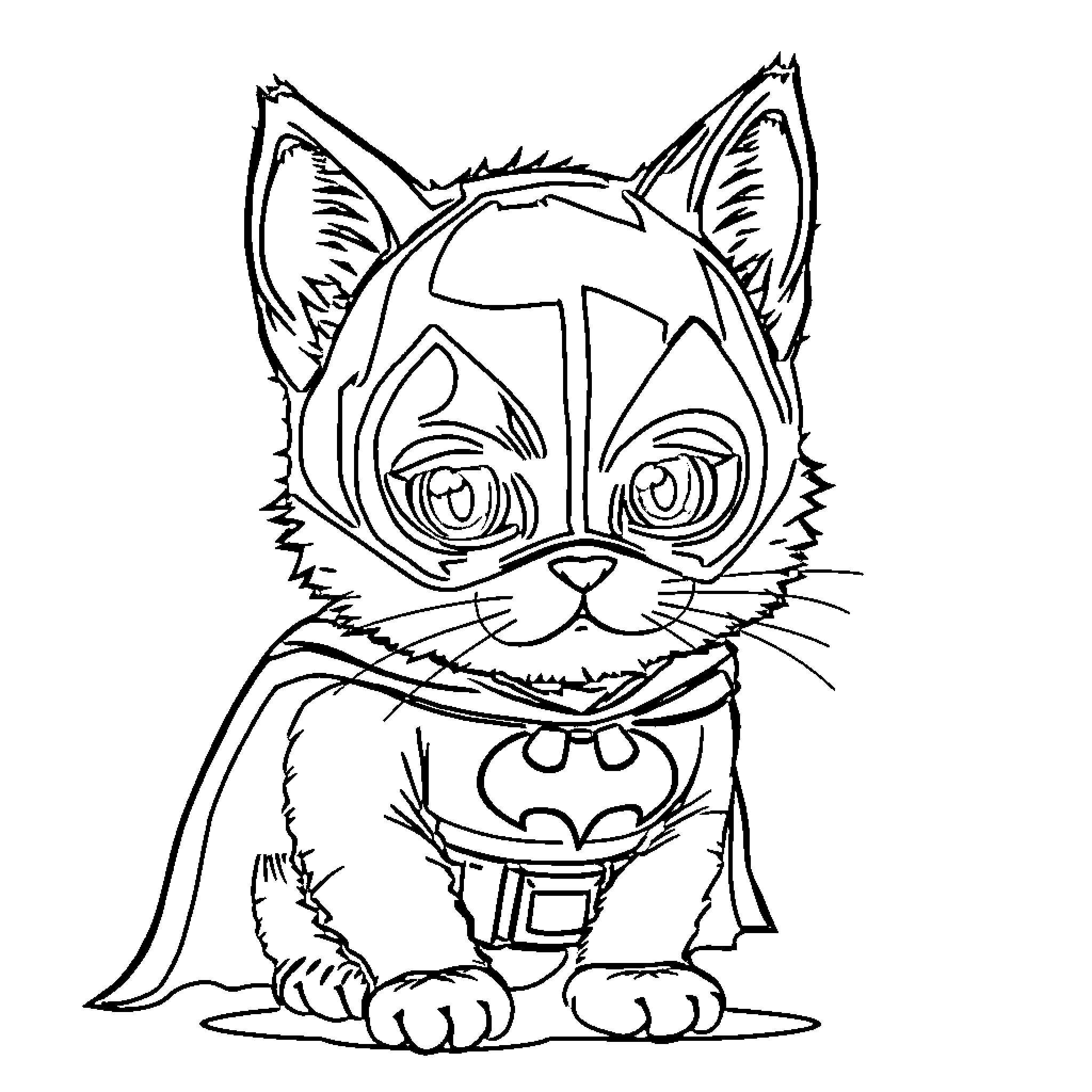 Cat in a superhero costume Coloring Page (free black-and-white line drawing printable PDF for all, from beginners to advanced learners, including children, teens, adults, and seniors)