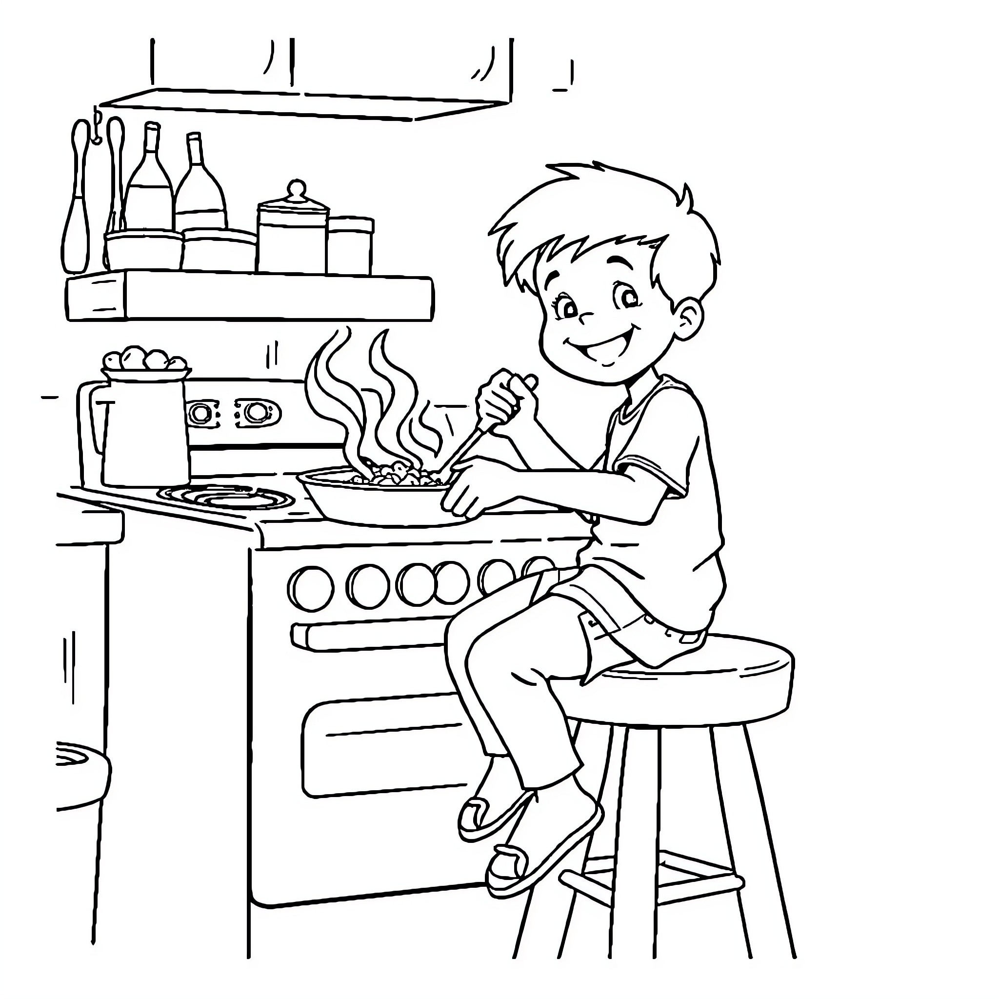 Boy cooking happily in the kitchen Coloring Page (free black-and-white line drawing printable PDF for all, from beginners to advanced learners, including children, teens, adults, and seniors)