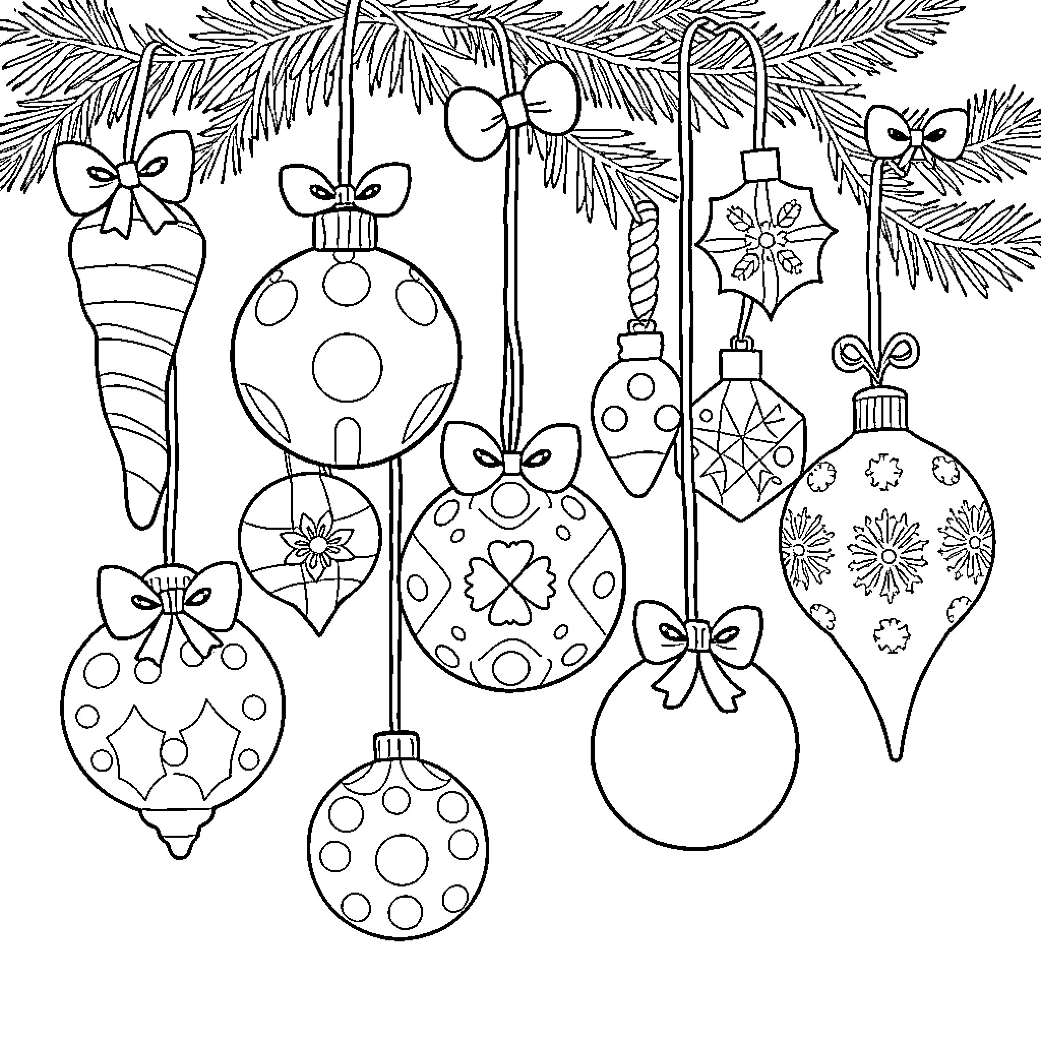 Christmas Decorations Hanging from Pine Tree Branches Coloring Page (free black-and-white line drawing printable PDF for all, from beginners to advanced learners, including children, teens, adults, and seniors)
