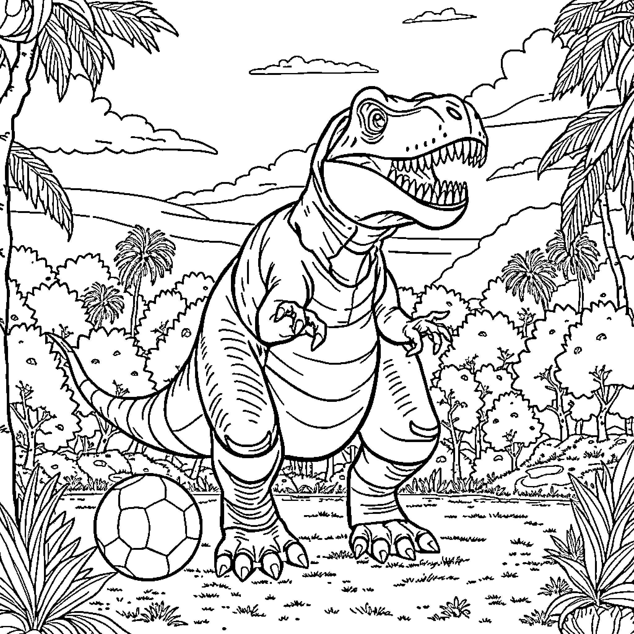 Dinosaur playing with soccer ball in tropical landscape Coloring Page (free black-and-white line drawing printable PDF for all, from beginners to advanced learners, including children, teens, adults, and seniors)