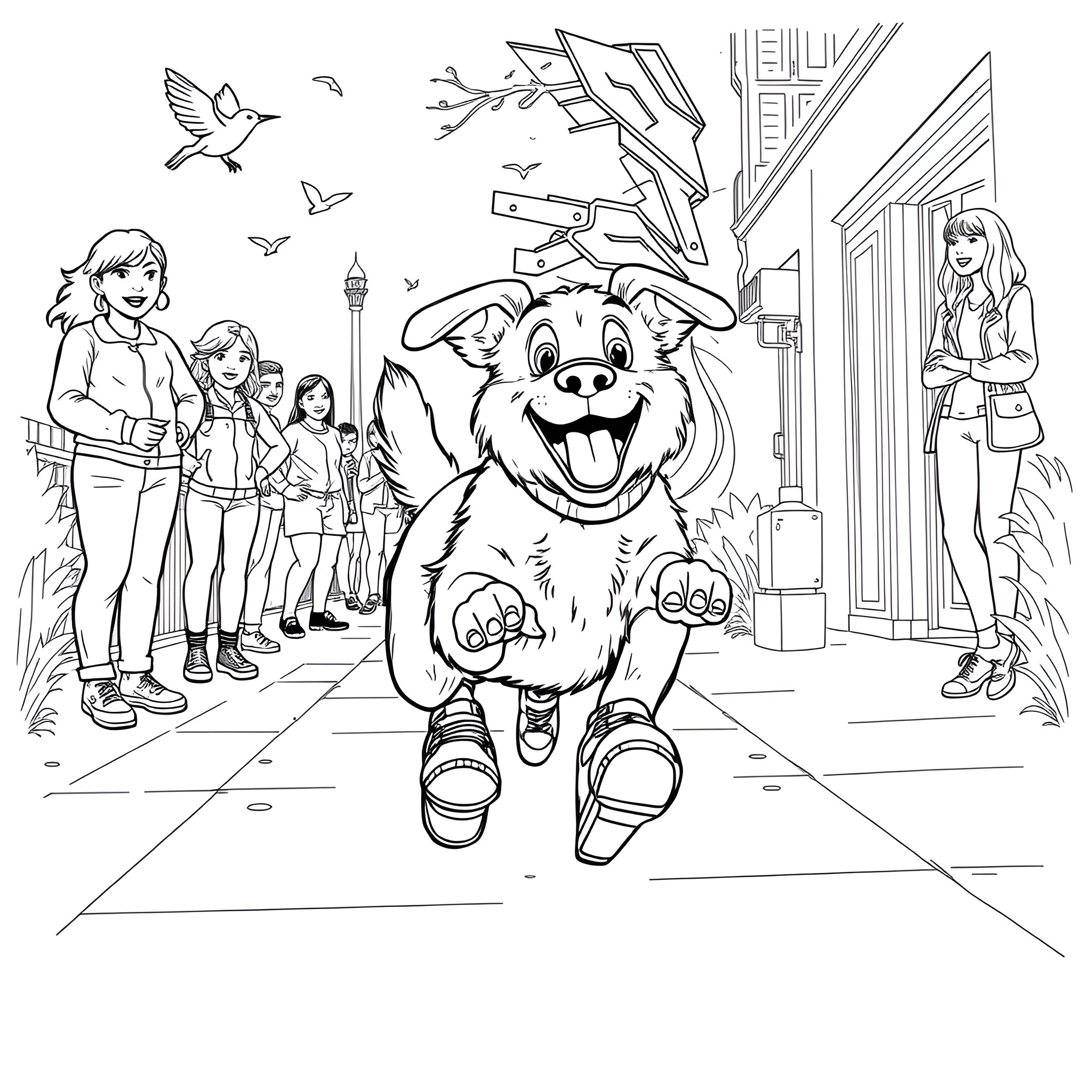 Dog happily running down the street with people Coloring Page (free black-and-white line drawing printable PDF for all, from beginners to advanced learners, including children, teens, adults, and seniors)