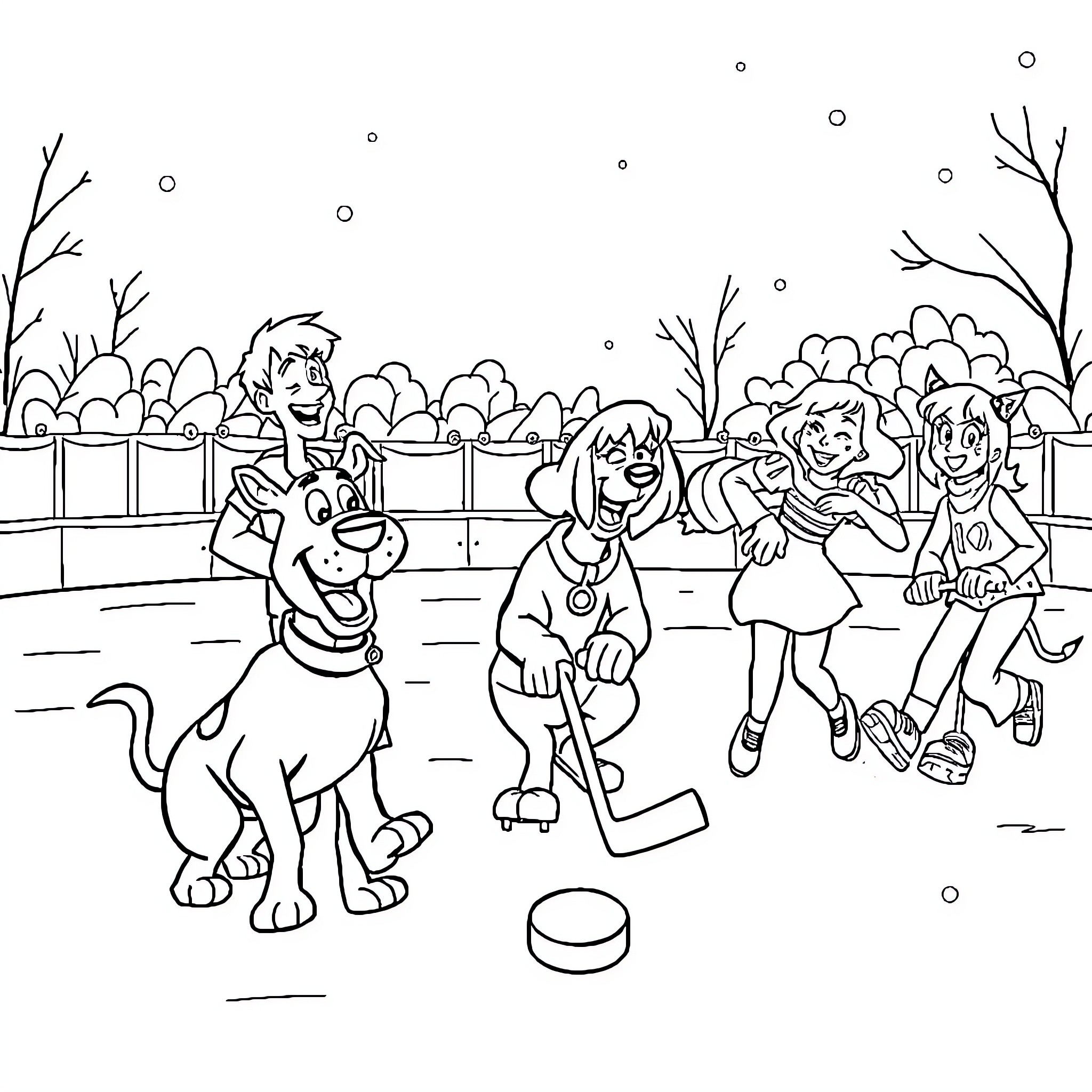 Scooby Doo and friends playing outdoors in winter Coloring Page (free black-and-white line drawing printable PDF for all, from beginners to advanced learners, including children, teens, adults, and seniors)
