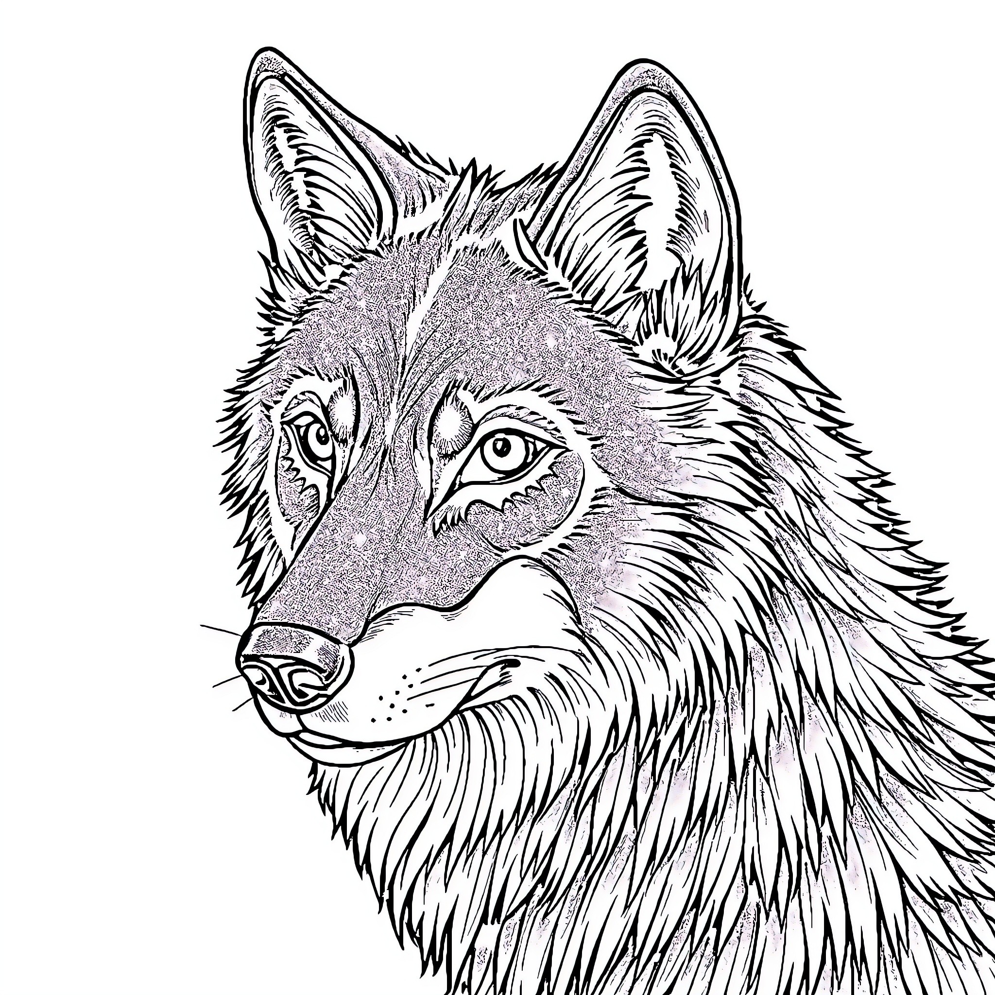 Wolf with intense gaze and detailed fur Coloring Page (free black-and-white line drawing printable PDF for all, from beginners to advanced learners, including children, teens, adults, and seniors)