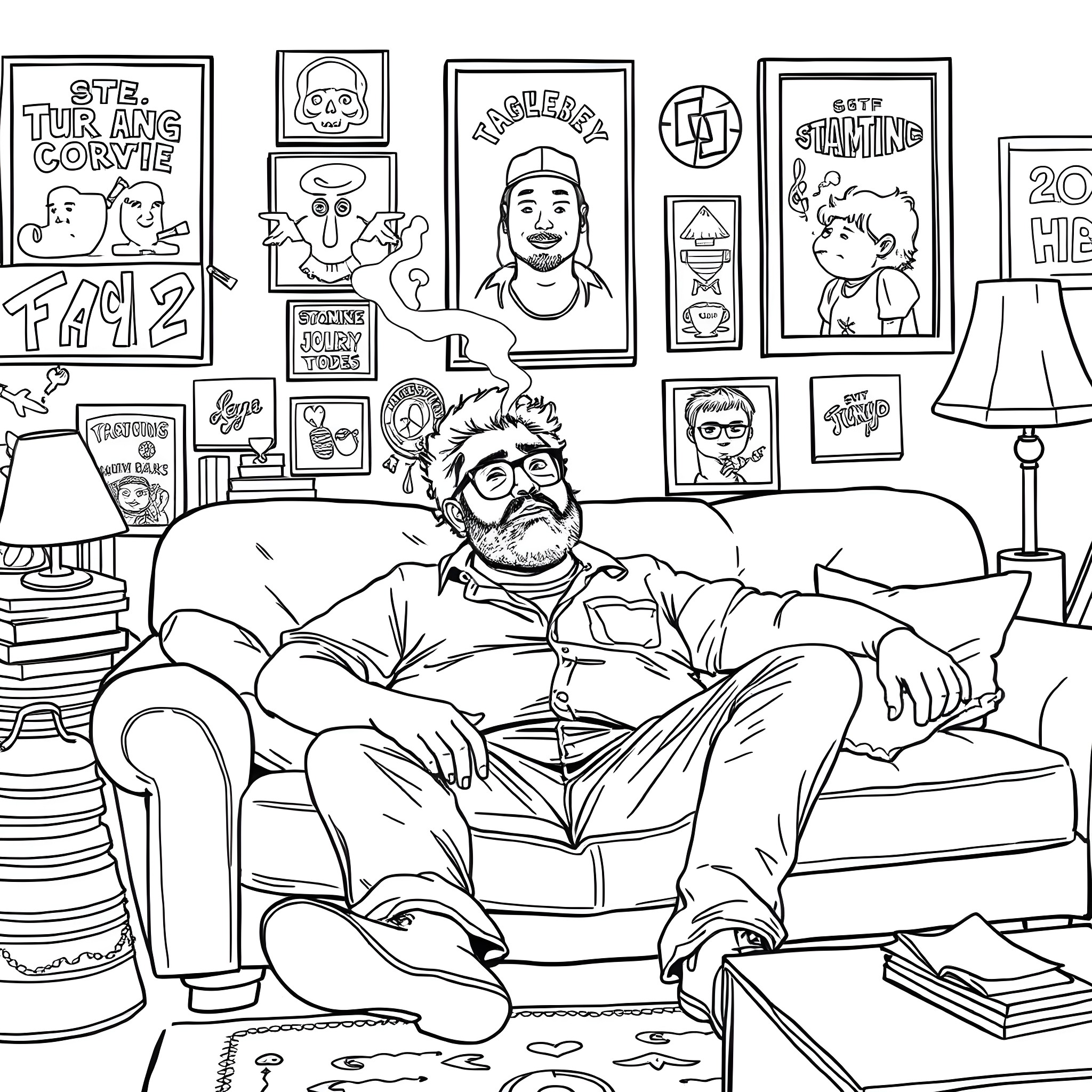 Seth Rogen relaxing on the sofa in his cluttered home Coloring Page (free black-and-white line drawing printable PDF for all, from beginners to advanced learners, including children, teens, adults, and seniors)