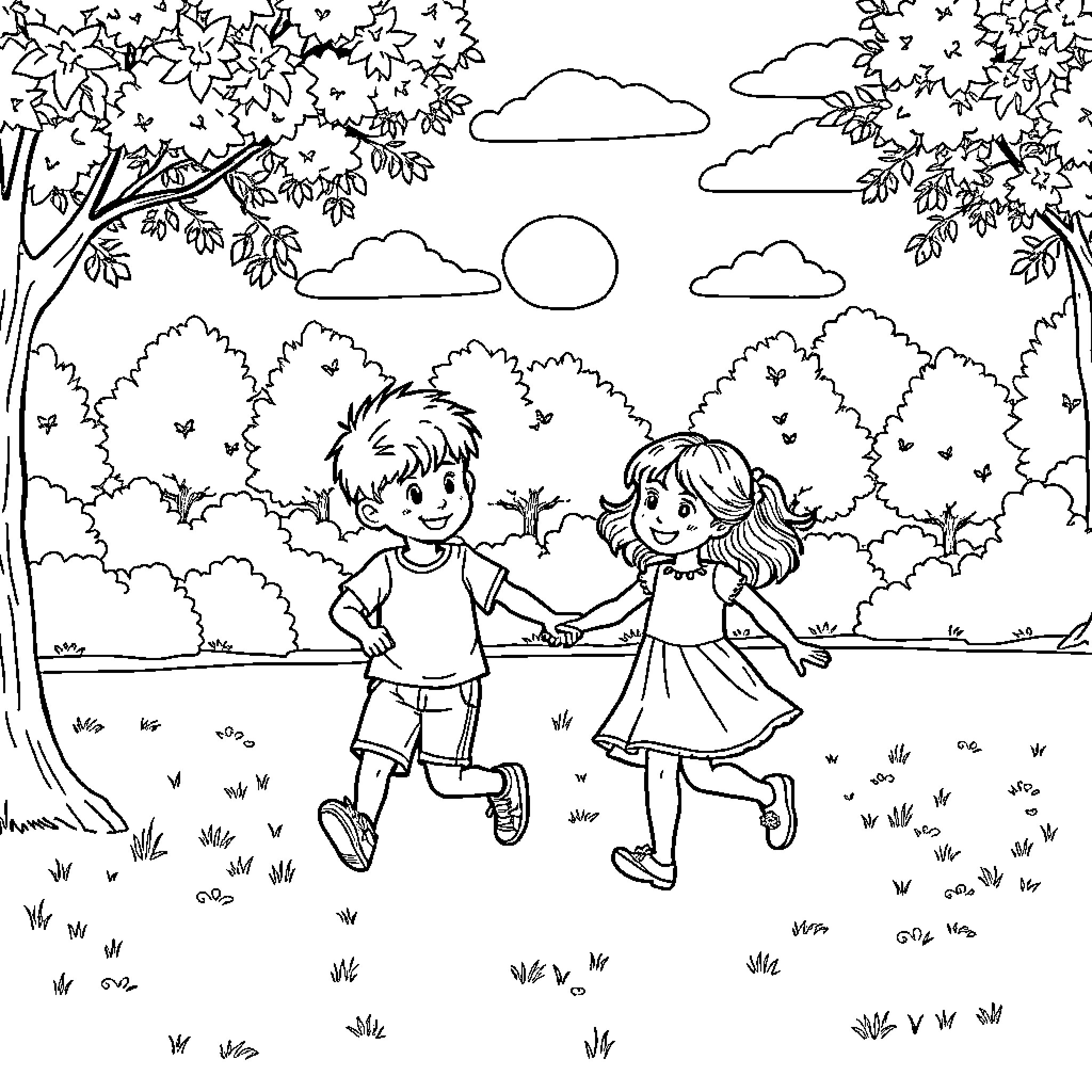 Boy and girl playing together in the park Coloring Page (free black-and-white line drawing printable PDF for all, from beginners to advanced learners, including children, teens, adults, and seniors)