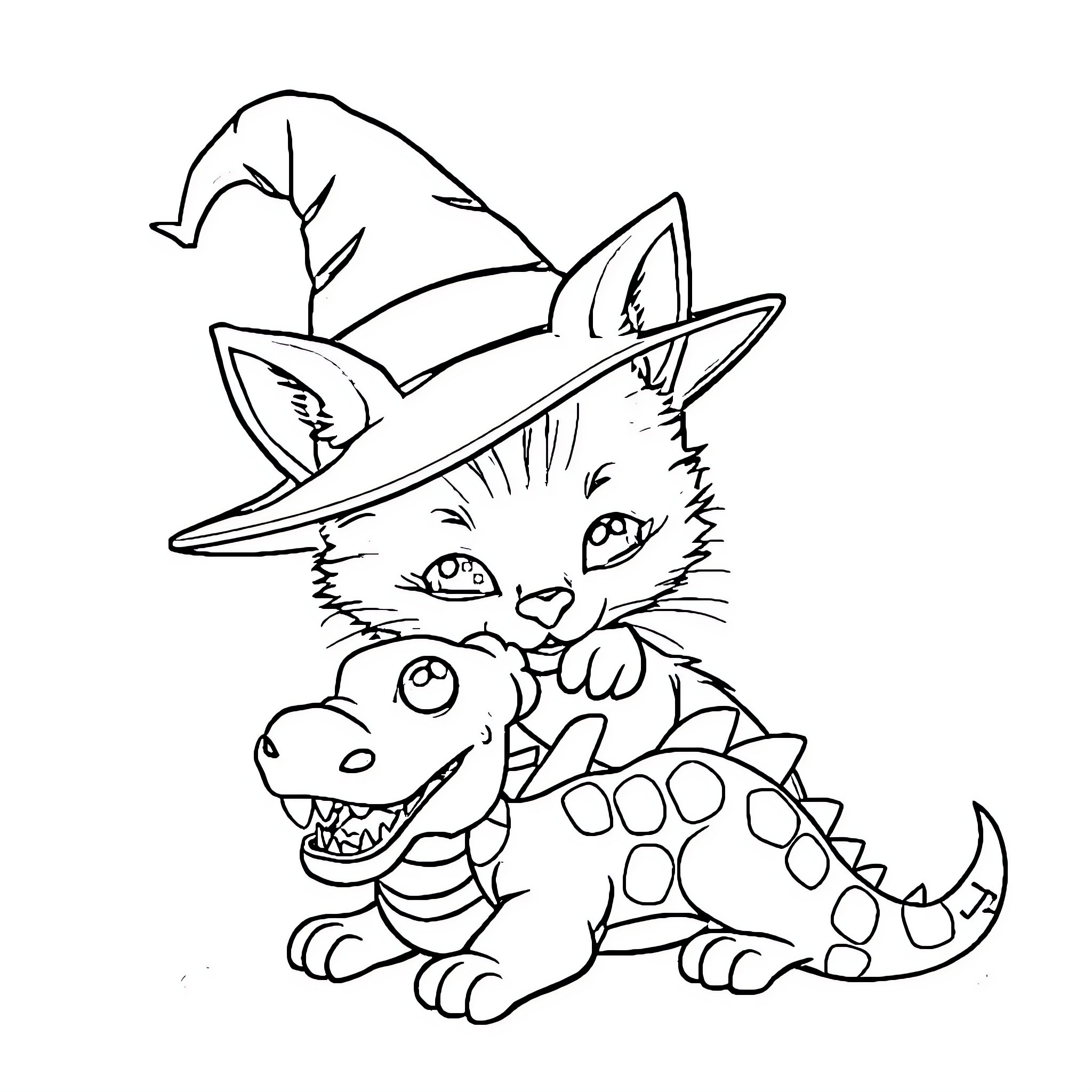 Cat wearing witch hat with dragon companion Coloring Page (free black-and-white line drawing printable PDF for all, from beginners to advanced learners, including children, teens, adults, and seniors)