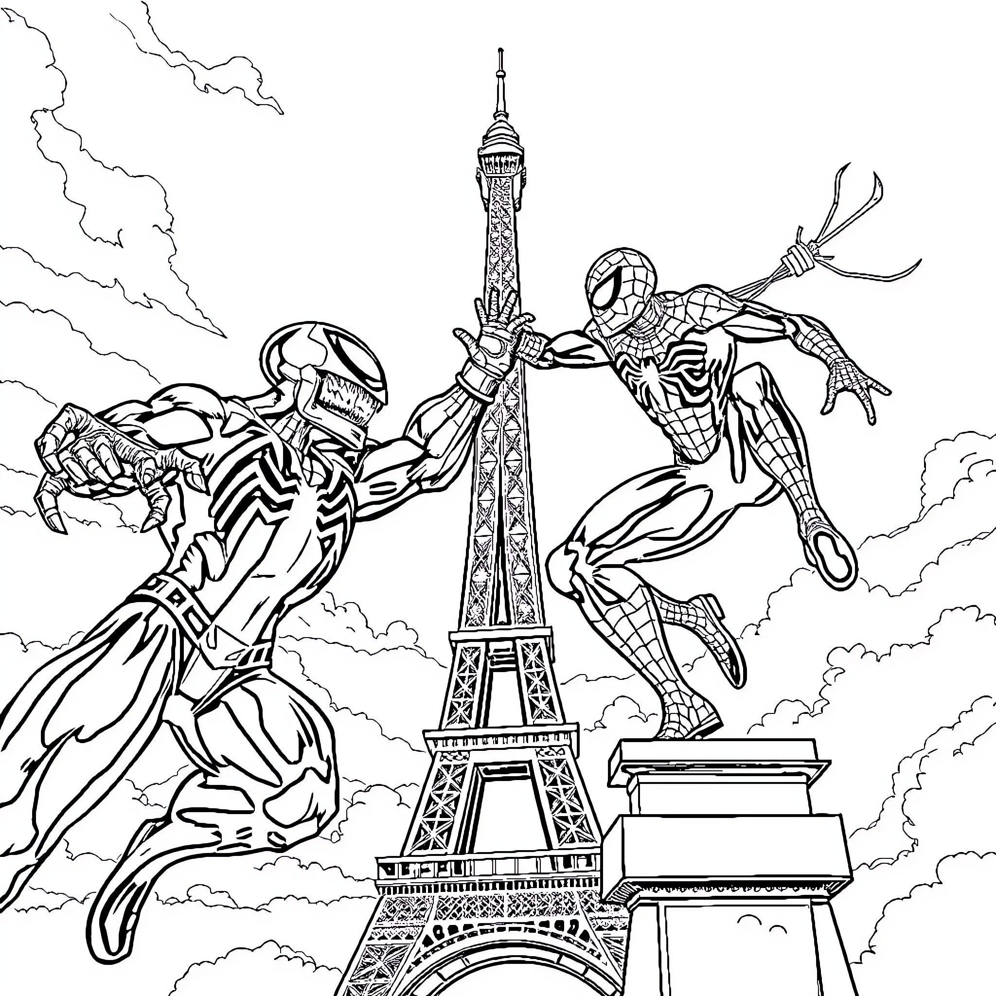 Venom superheroes battle in front of Eiffel Tower Coloring Page (free black-and-white line drawing printable PDF for all, from beginners to advanced learners, including children, teens, adults, and seniors)