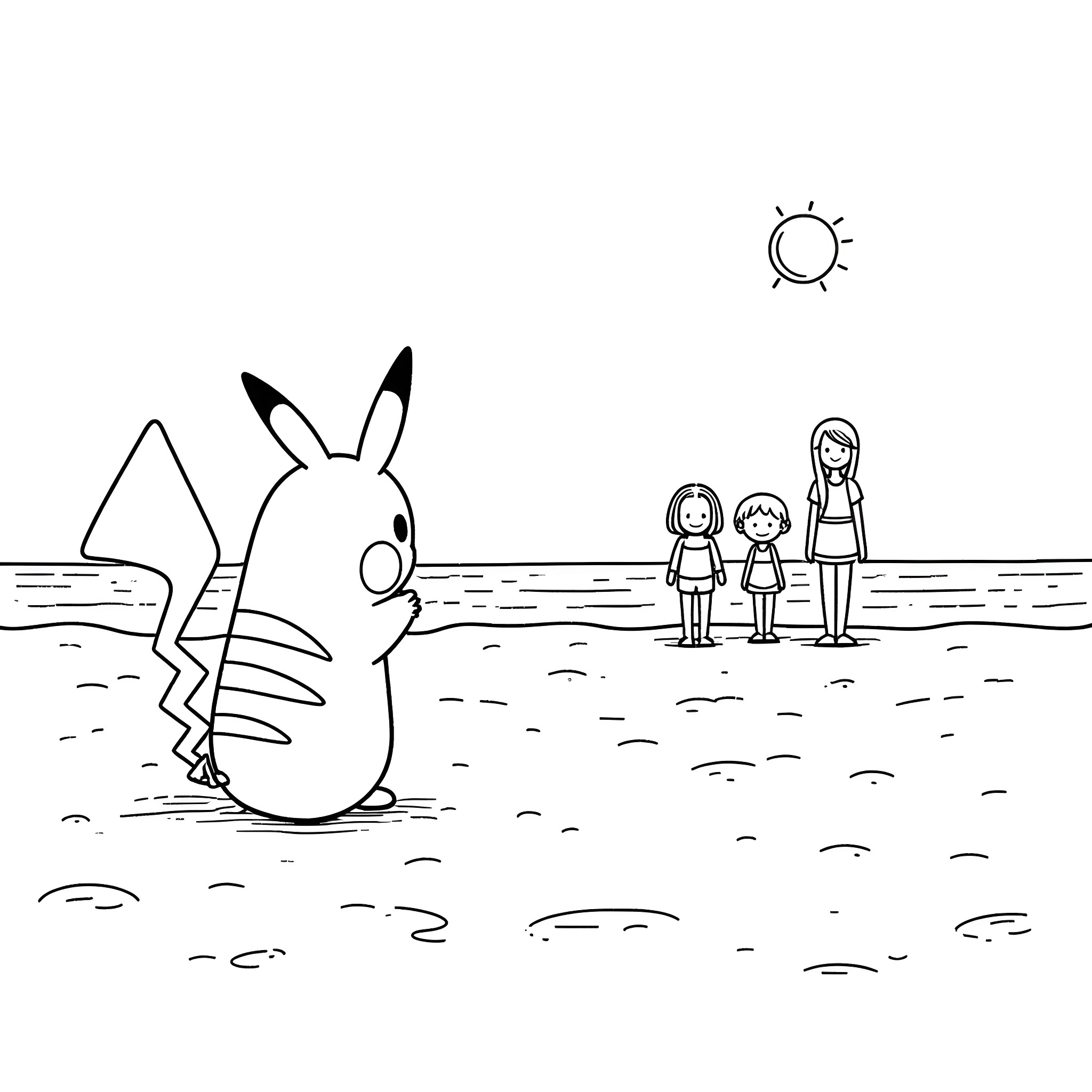 Pikachu playing in the ocean with children Coloring Page (free black-and-white line drawing printable PDF for all, from beginners to advanced learners, including children, teens, adults, and seniors)