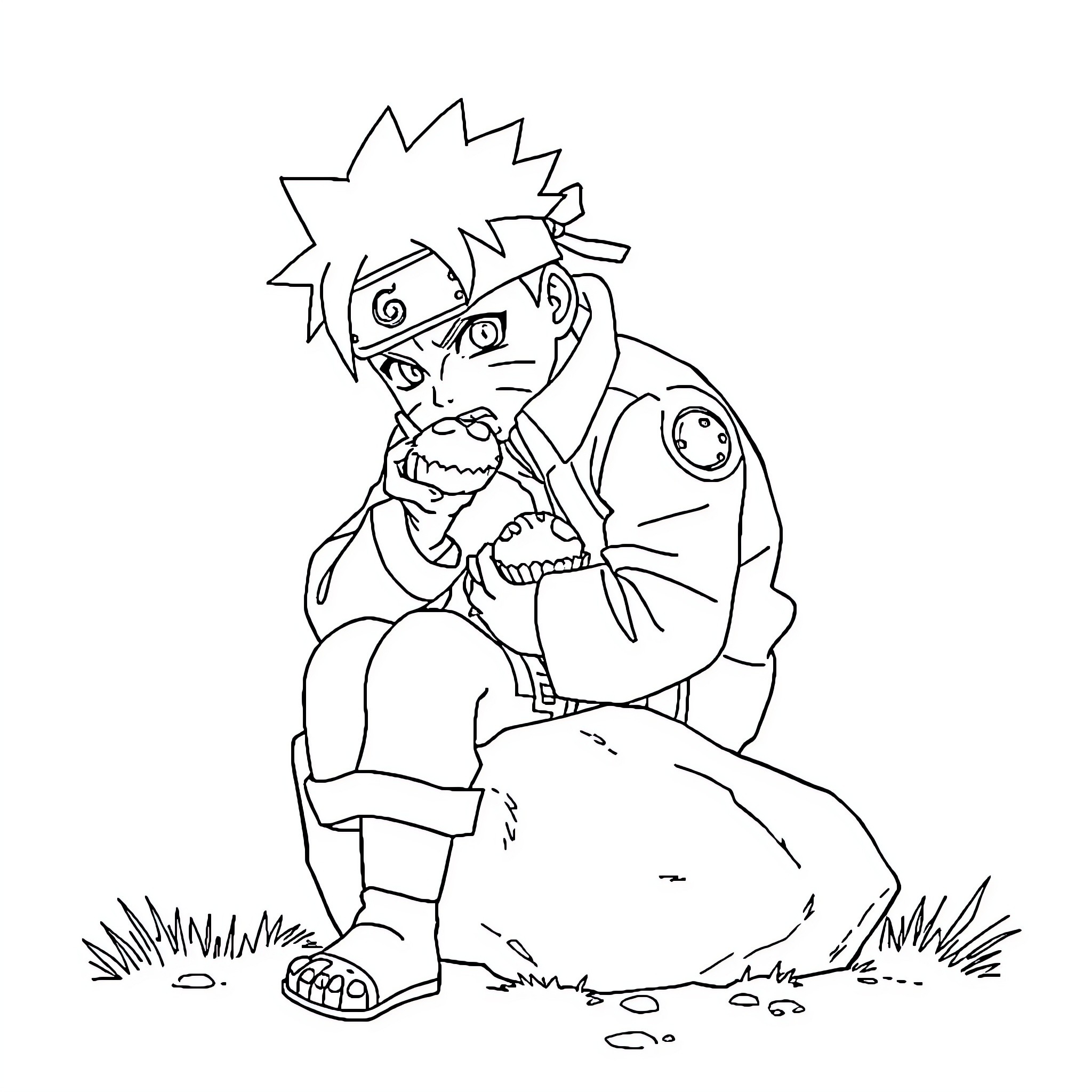 Naruto sitting pensively on the ground Coloring Page (free black-and-white line drawing printable PDF for all, from beginners to advanced learners, including children, teens, adults, and seniors)