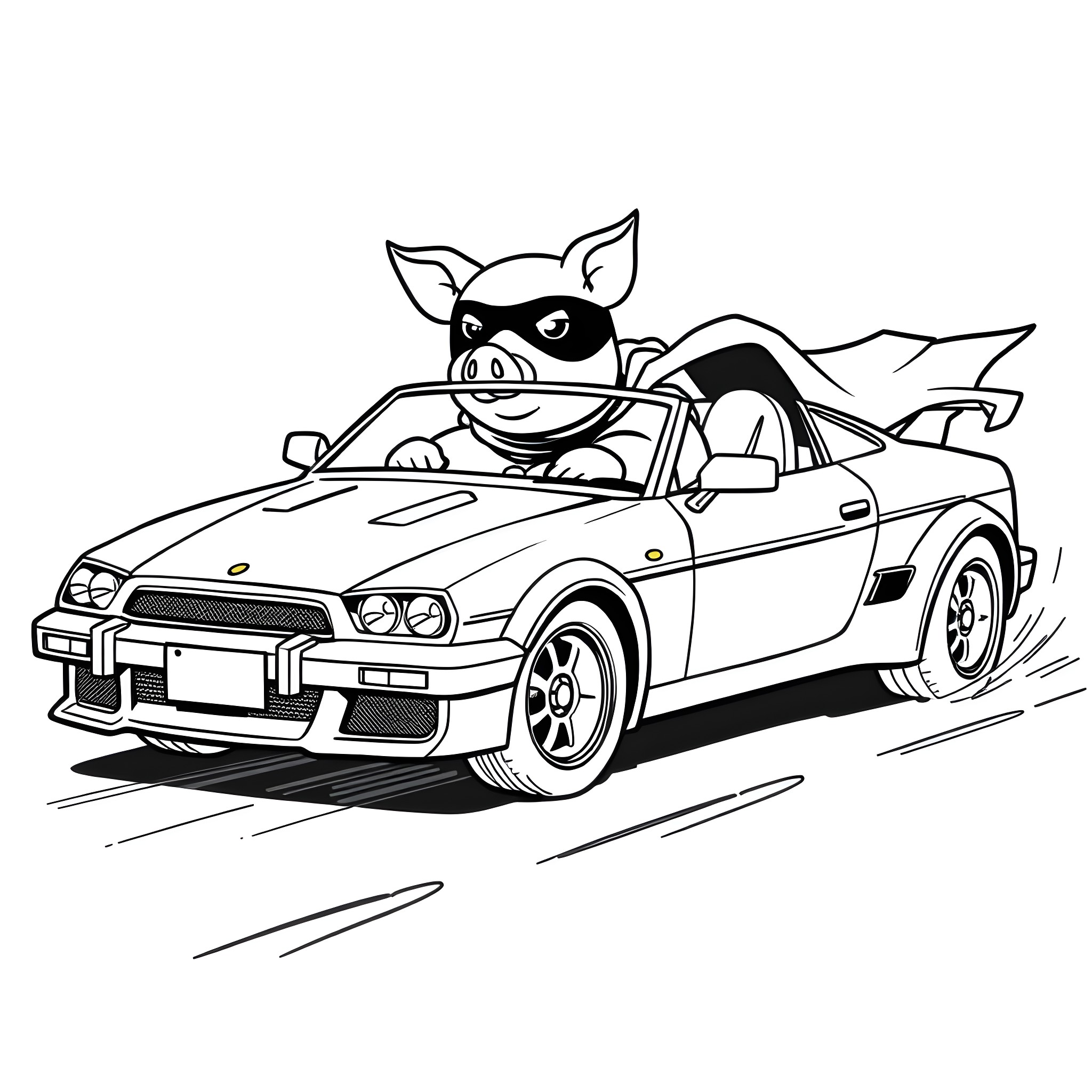 Batmobile driven by mischievous piglet on the road Coloring Page (free black-and-white line drawing printable PDF for all, from beginners to advanced learners, including children, teens, adults, and seniors)