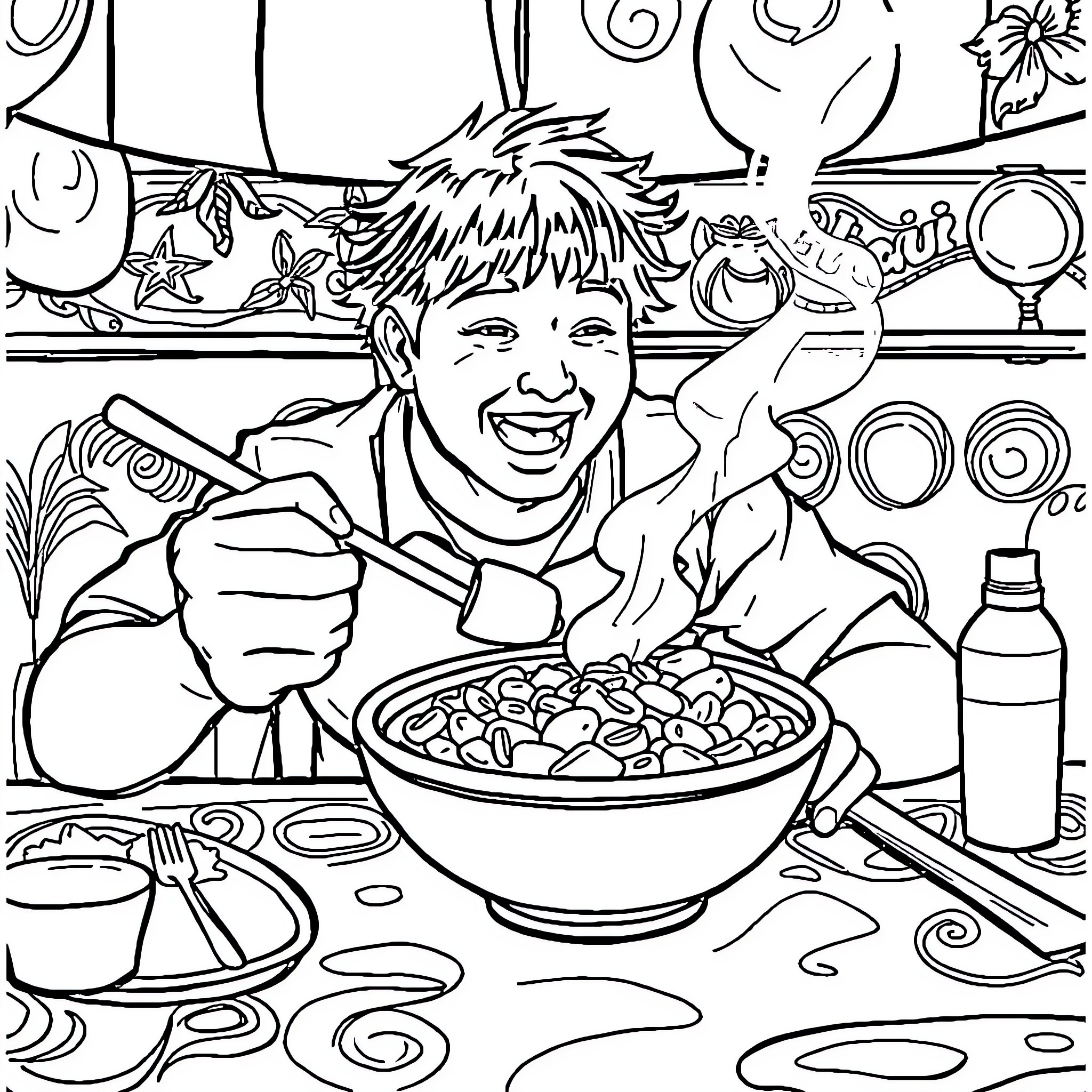 Ryo Yamada enjoying a hearty meal in a vibrant kitchen setting Coloring Page (free black-and-white line drawing printable PDF for all, from beginners to advanced learners, including children, teens, adults, and seniors)