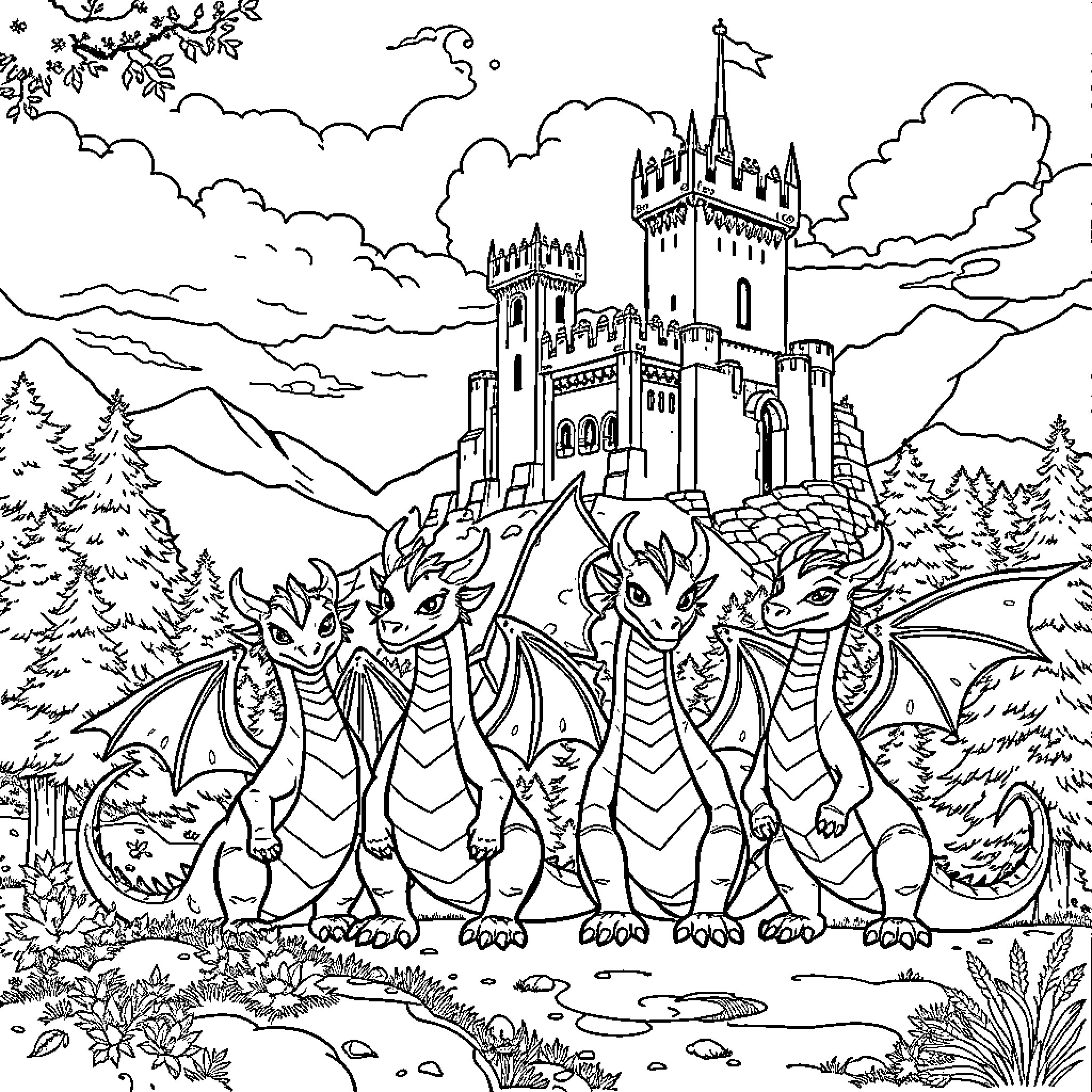 Dragon guardians of the enchanted castle Coloring Page (free black-and-white line drawing printable PDF for all, from beginners to advanced learners, including children, teens, adults, and seniors)