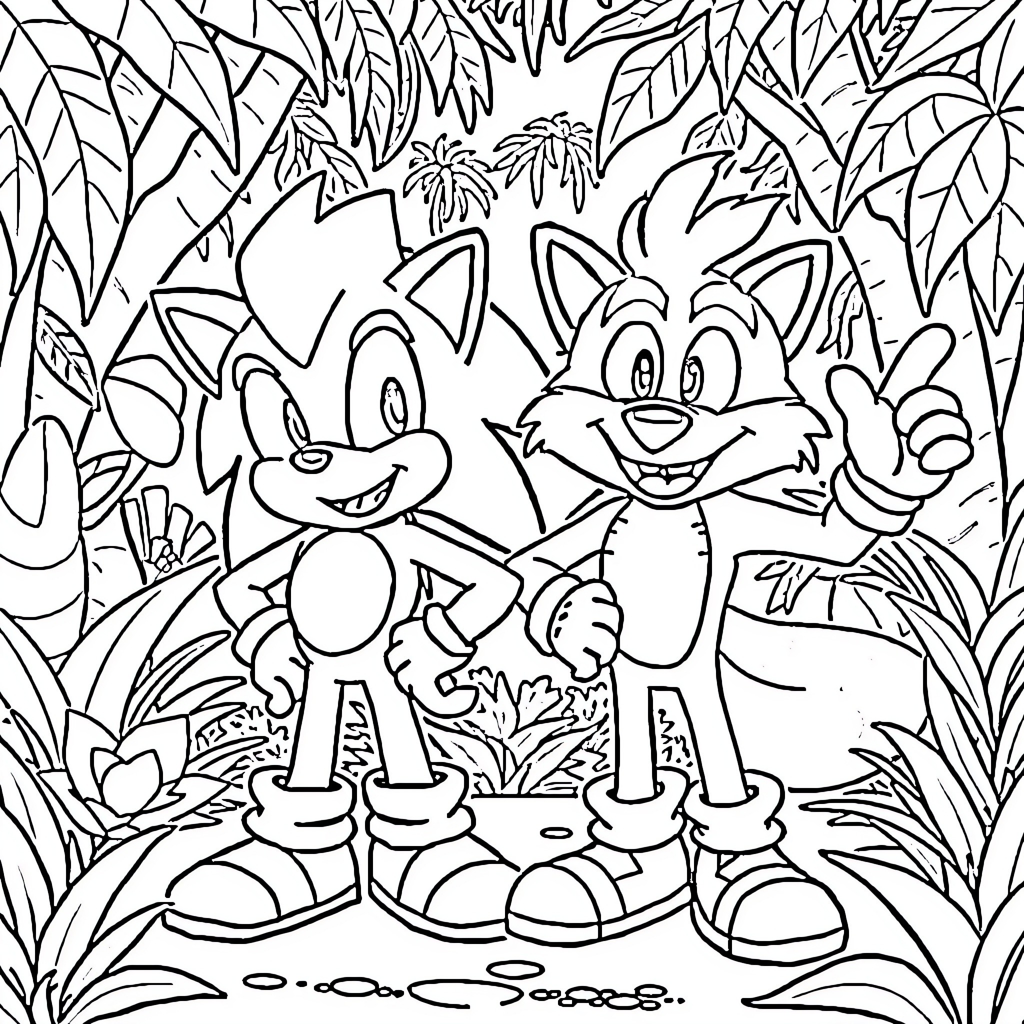 Sonic friends exploring the jungle together Coloring Page (free black-and-white line drawing printable PDF for all, from beginners to advanced learners, including children, teens, adults, and seniors)