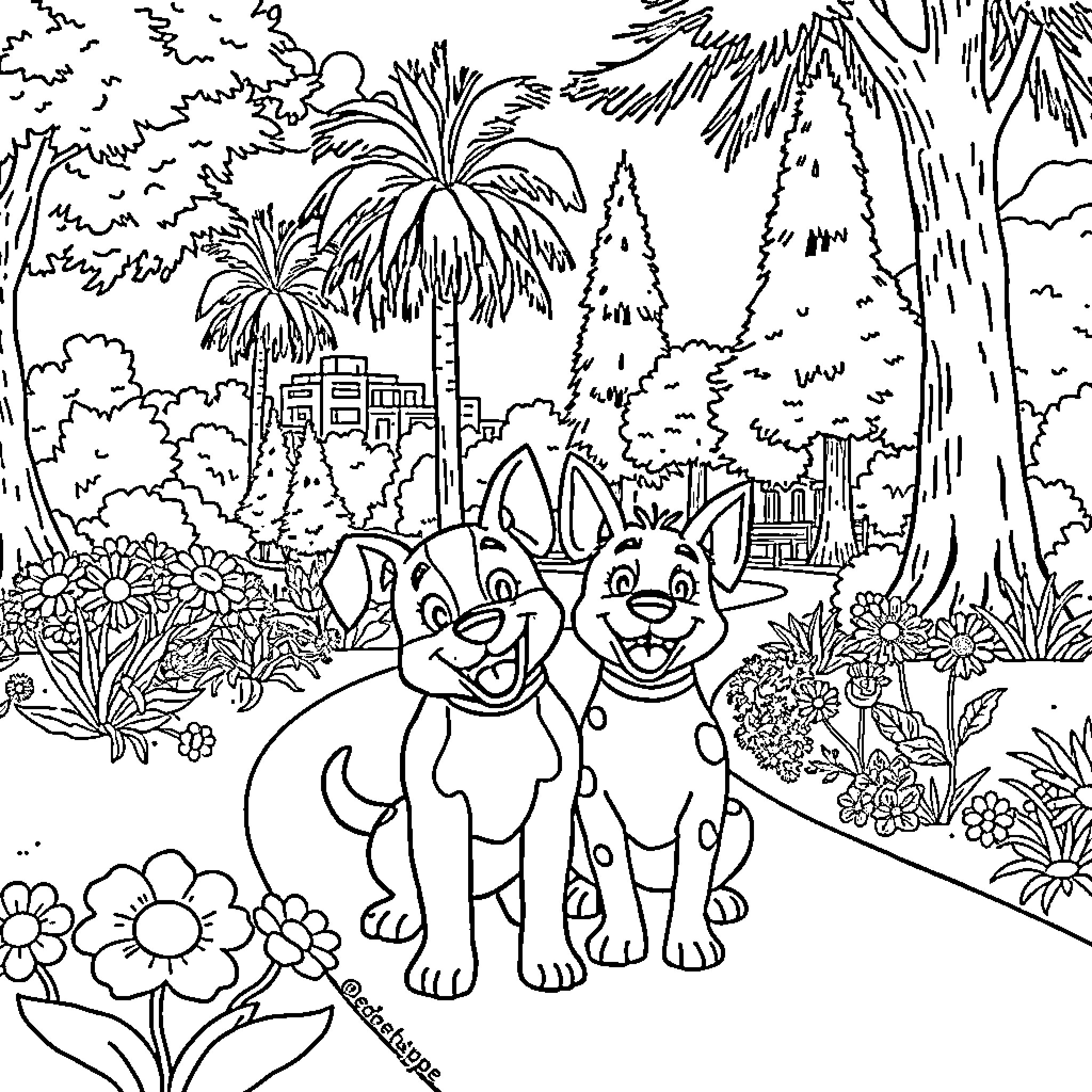 Bluey and Bingo's Tropical Adventure Coloring Page (free black-and-white line drawing printable PDF for all, from beginners to advanced learners, including children, teens, adults, and seniors)