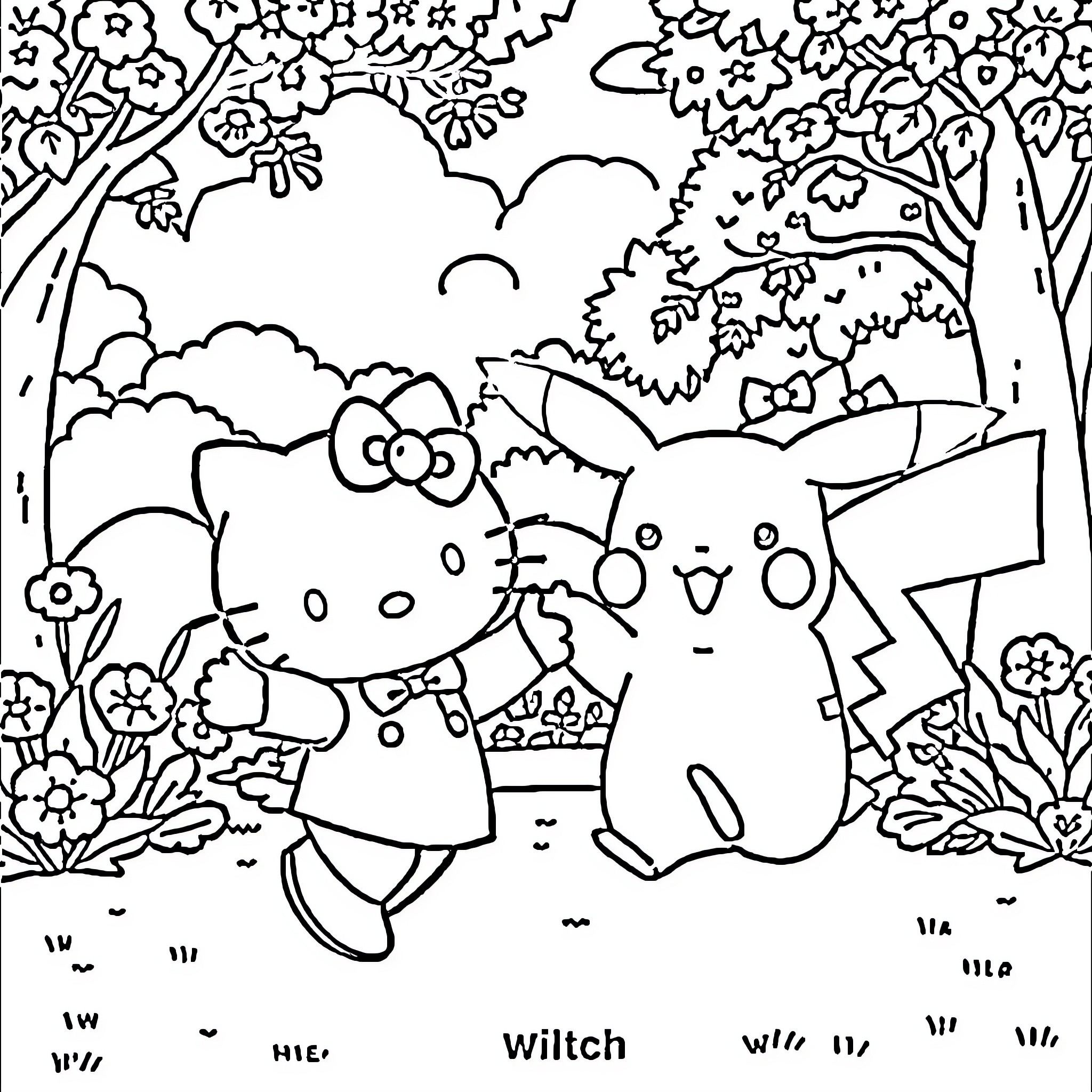 Hello Kitty and Pikachu playing in the forest Coloring Page (free black-and-white line drawing printable PDF for all, from beginners to advanced learners, including children, teens, adults, and seniors)