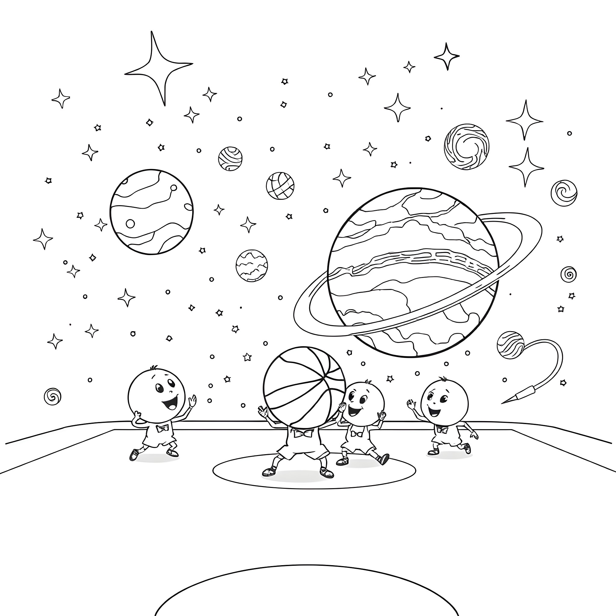 Planet explorers on a cosmic adventure Coloring Page (free black-and-white line drawing printable PDF for all, from beginners to advanced learners, including children, teens, adults, and seniors)