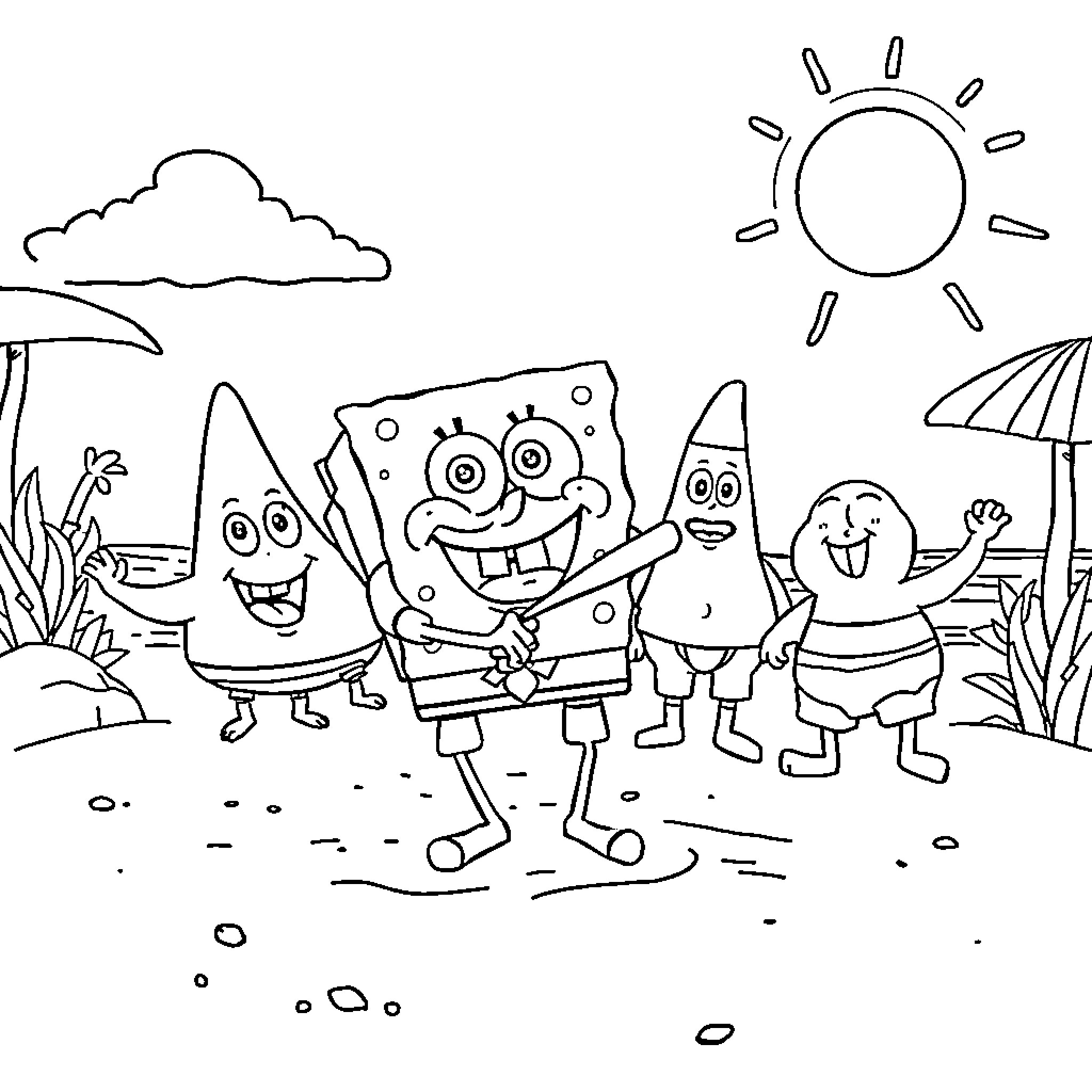 Spongebob and friends playing outdoors on a sunny day Coloring Page (free black-and-white line drawing printable PDF for all, from beginners to advanced learners, including children, teens, adults, and seniors)