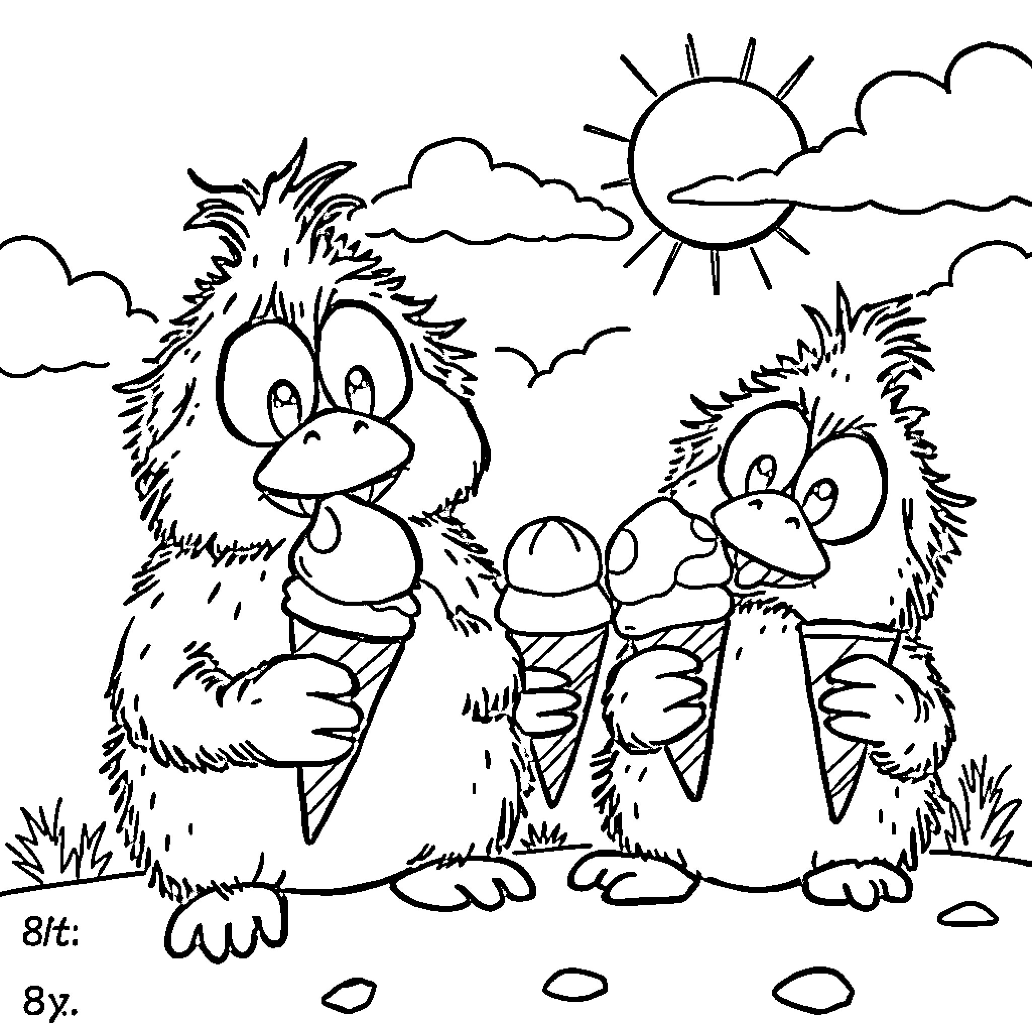 Schtroumpf friends enjoying summer day with ice cream Coloring Page (free black-and-white line drawing printable PDF for all, from beginners to advanced learners, including children, teens, adults, and seniors)