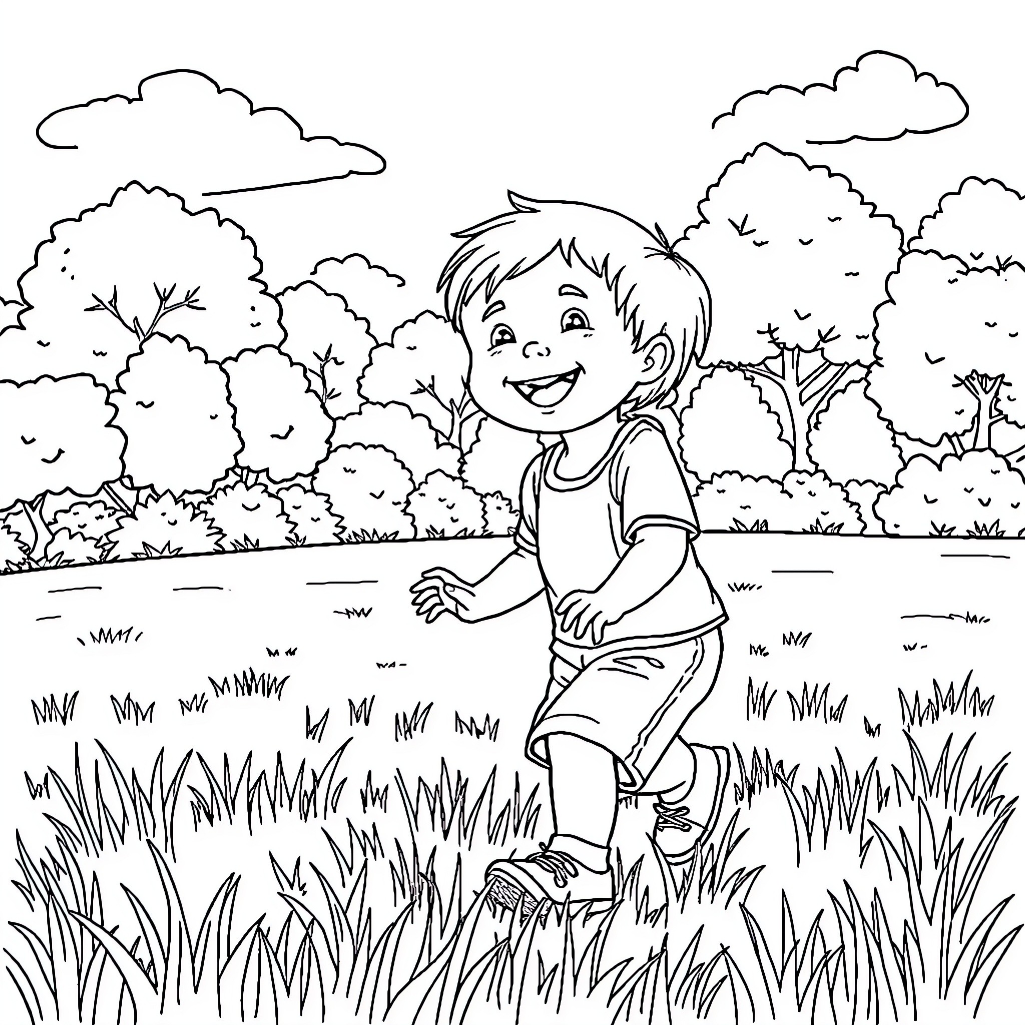 Child playing joyfully in the park Coloring Page (free black-and-white line drawing printable PDF for all, from beginners to advanced learners, including children, teens, adults, and seniors)