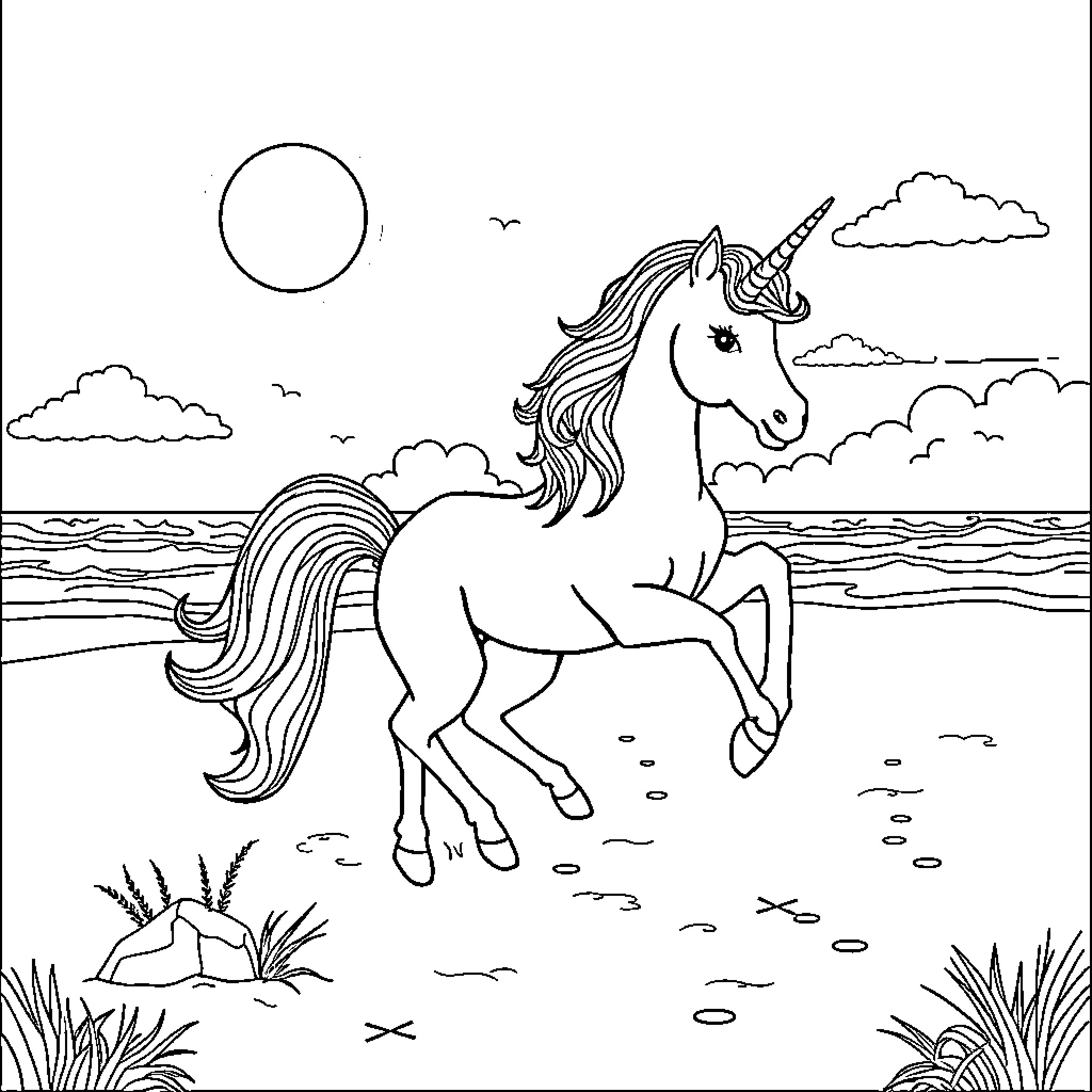 Unicorn galloping joyfully along a beach Coloring Page (free black-and-white line drawing printable PDF for all, from beginners to advanced learners, including children, teens, adults, and seniors)